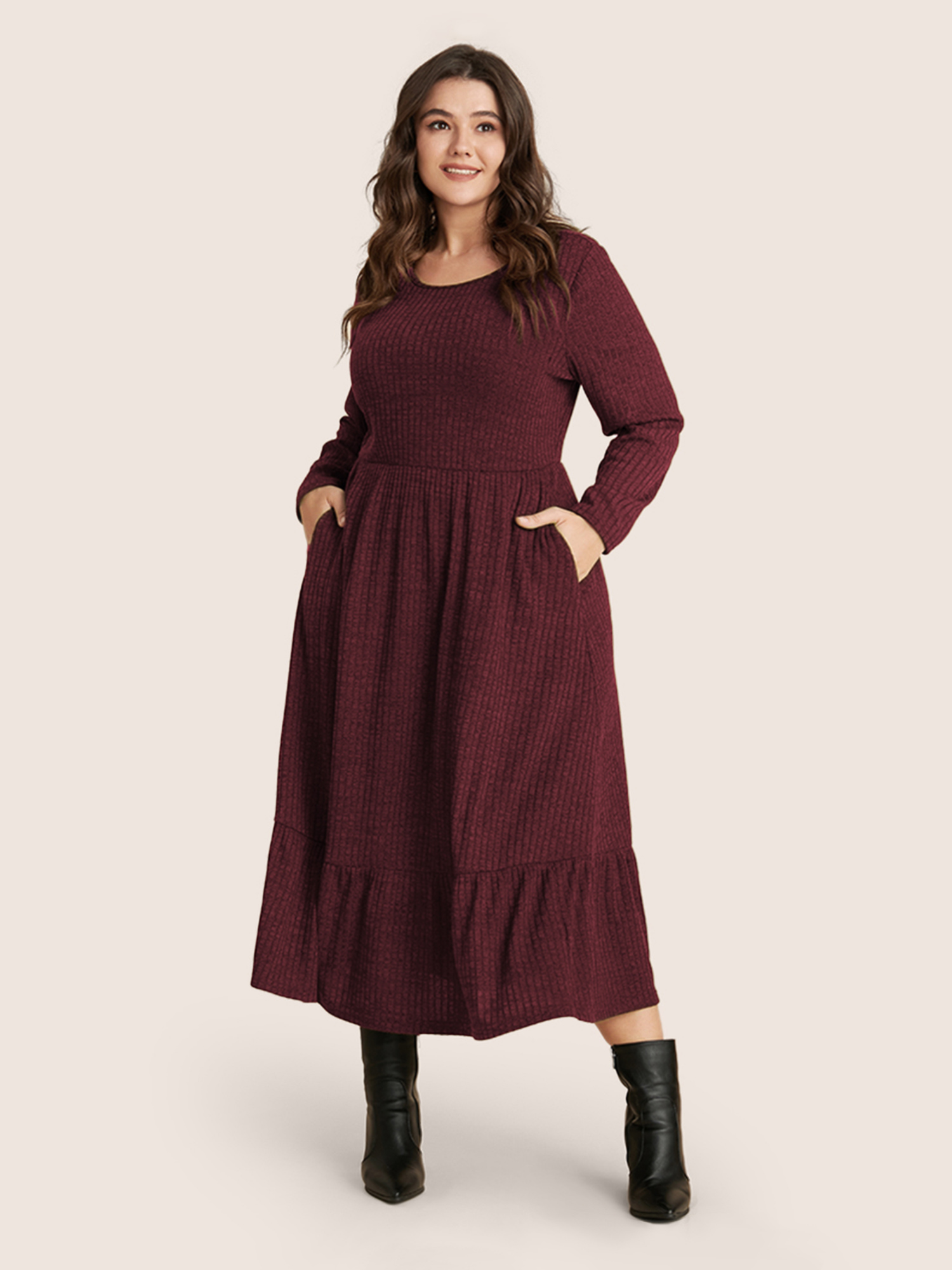 

Plus Size Solid Pocket Rib Knit Ruffle Hem Dress Without Belt Burgundy Women Basics Non Round Neck Long Sleeve Curvy Midi Dress BloomChic