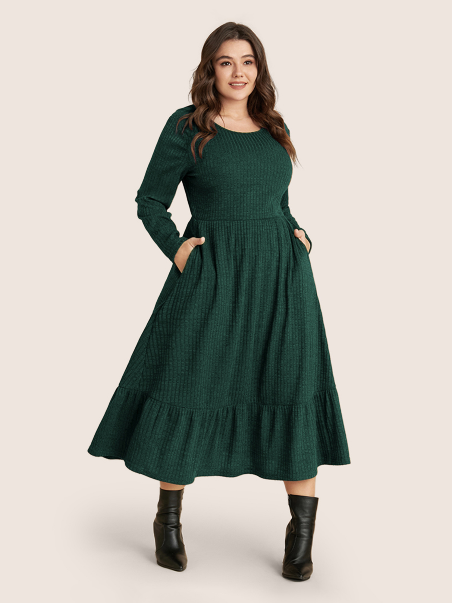 

Plus Size Solid Pocket Rib Knit Ruffle Hem Dress Without Belt DarkGreen Women Basics Non Round Neck Long Sleeve Curvy Midi Dress BloomChic