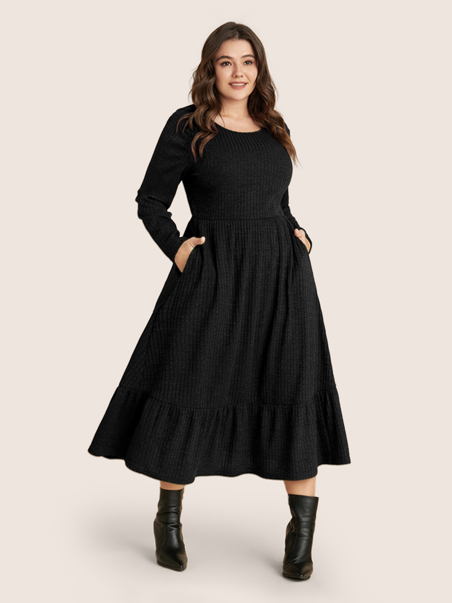 

Plus Size Solid Pocket Rib Knit Ruffle Hem Dress Without Belt Black Women Non Curvy Midi Dress BloomChic