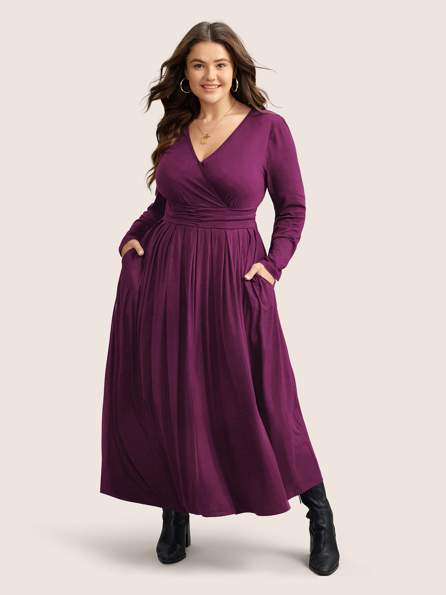 

Plus Size Supersoft Essentials Ruched Wrap Pleated Hem Dress Purple Women Non Curvy Midi Dress BloomChic