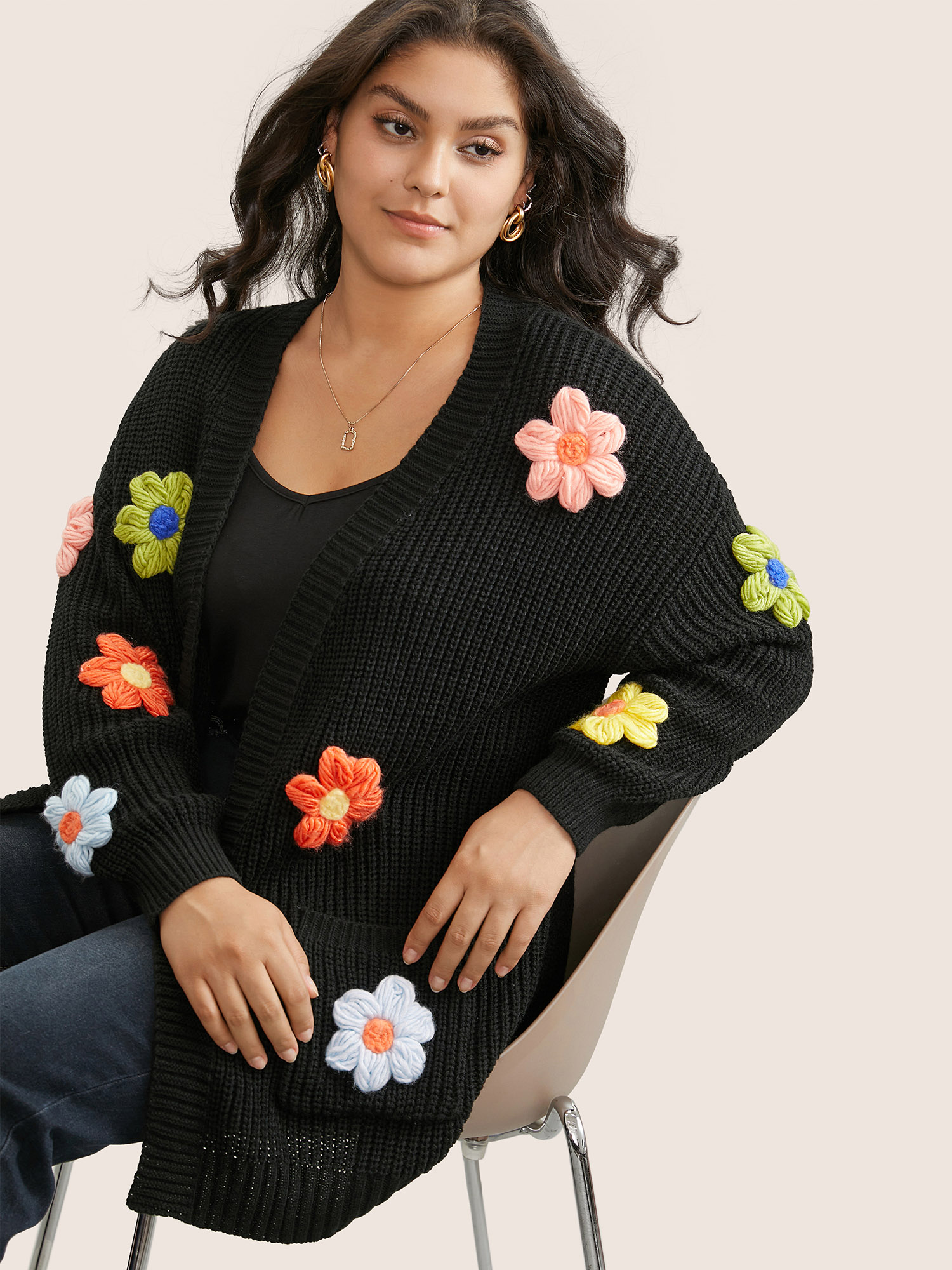 

Plus Size Rainbow Floral Pocket Open Front Cardigan Black Women Casual Long Sleeve Everyday Cardigans BloomChic