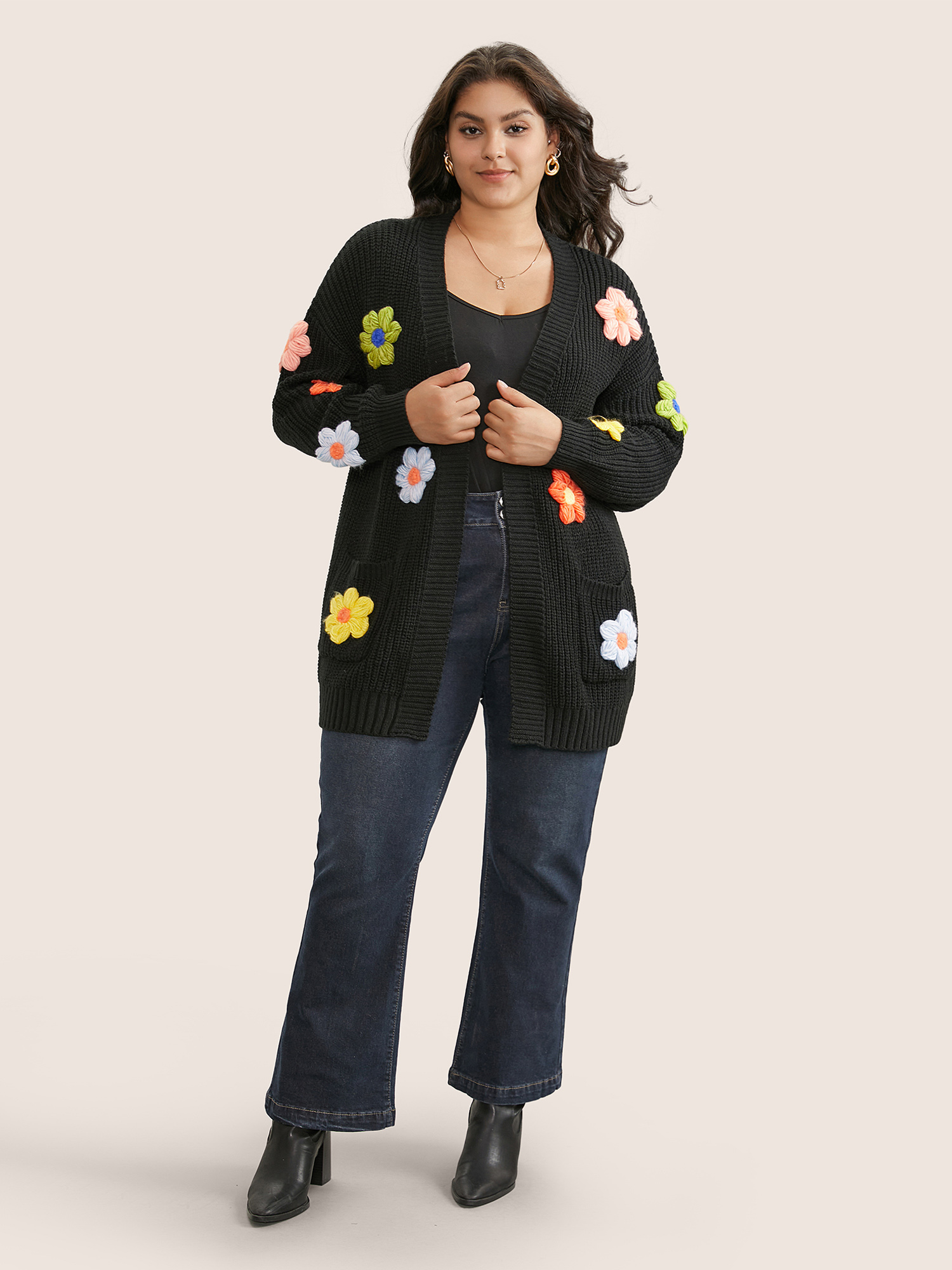 Plus Size Rainbow Floral Pocket Open Front Cardigan Black Women Casual Long Sleeve Everyday Cardigans BloomChic 22-24/3X 