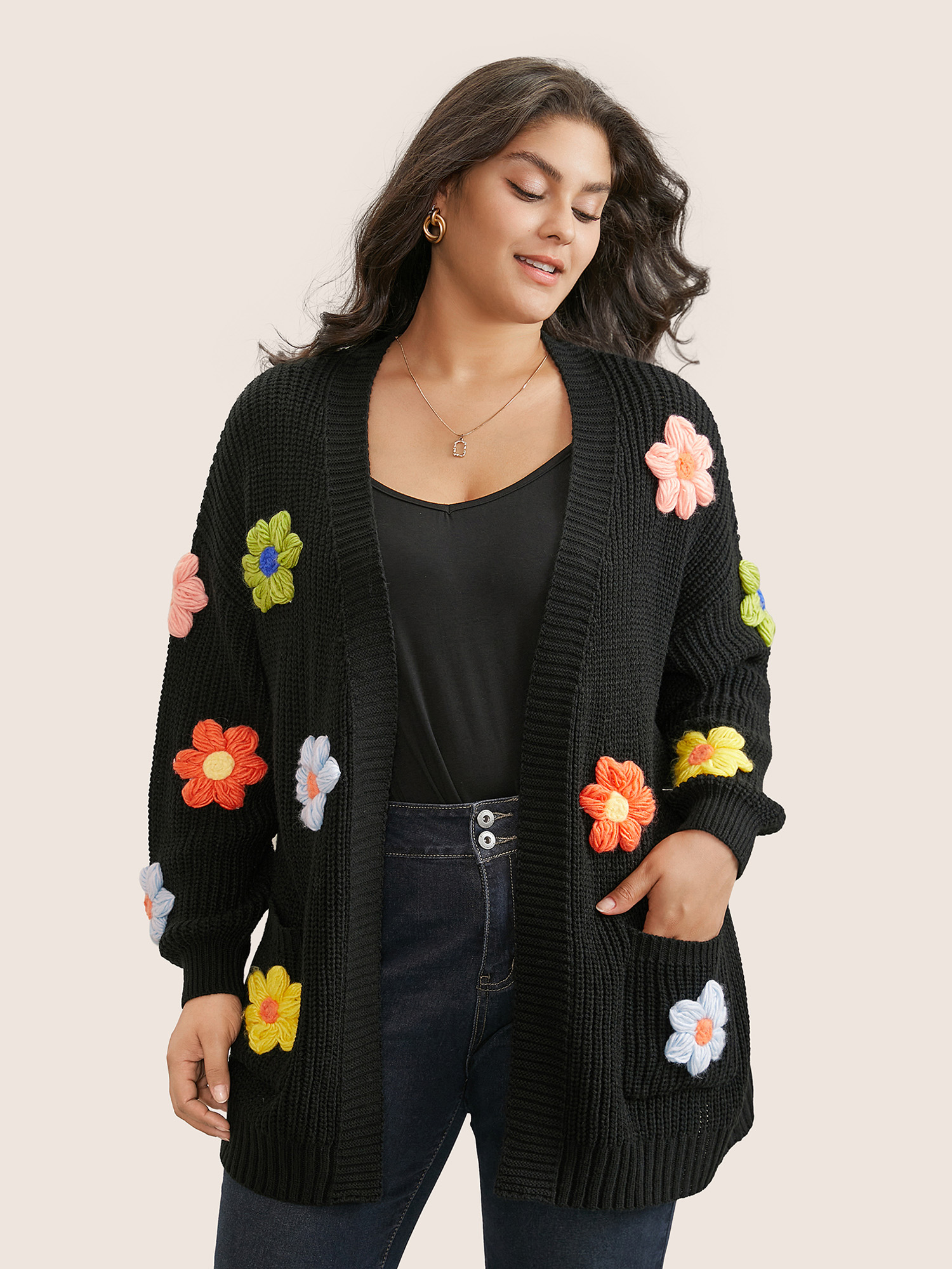 Plus Size Rainbow Floral Pocket Open Front Cardigan Black Women Casual Long Sleeve Everyday Cardigans BloomChic 22-24/3X 