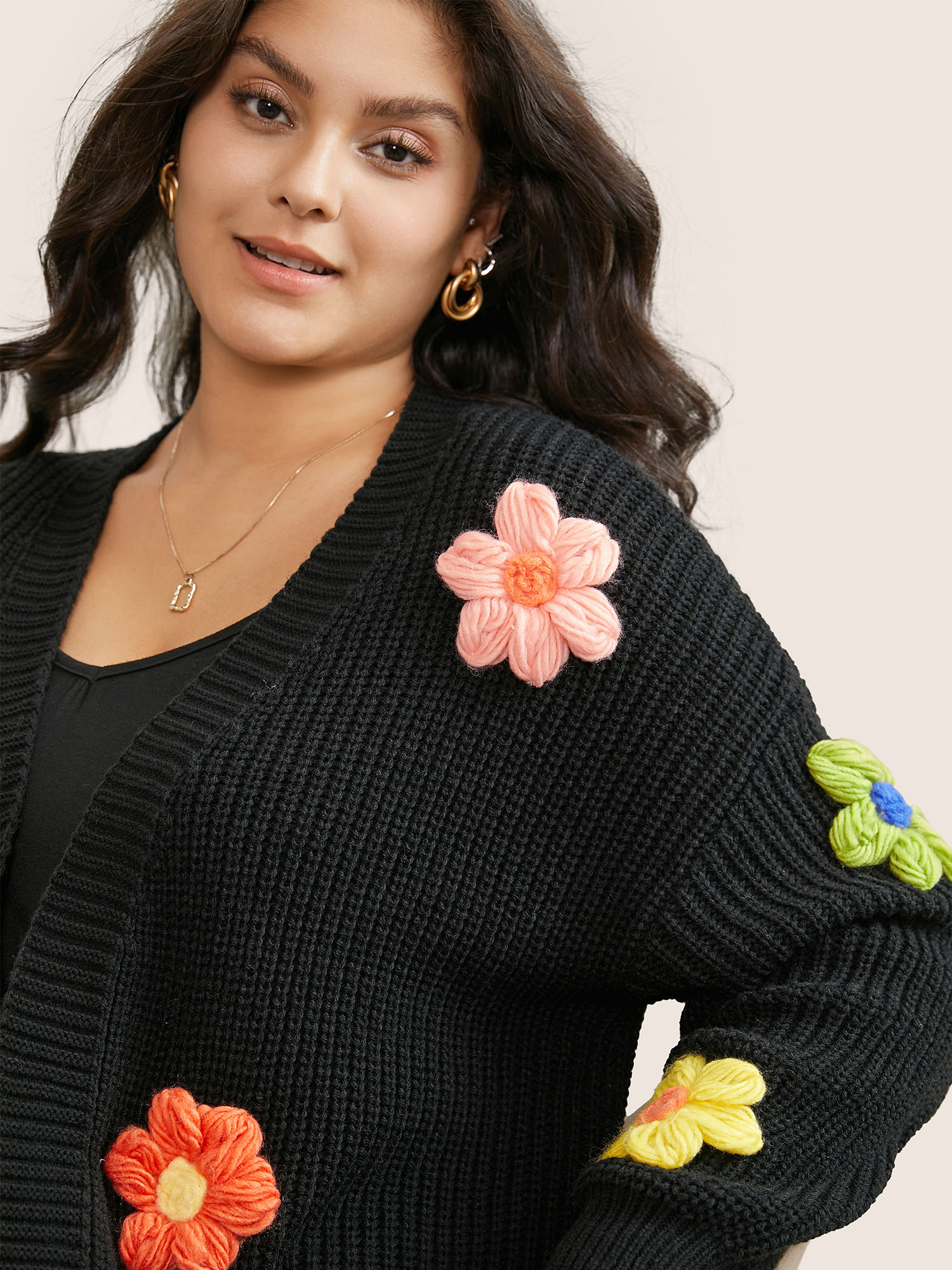 Plus Size Rainbow Floral Pocket Open Front Cardigan Black Women Casual Long Sleeve Everyday Cardigans BloomChic 22-24/3X 