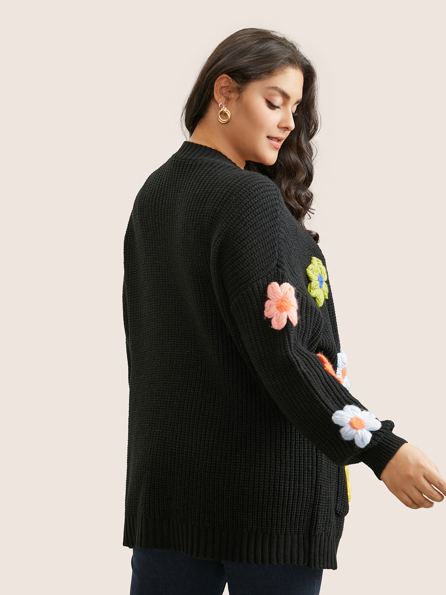 

Plus Size Rainbow Floral Pocket Open Front Cardigan Black Women Casual Long Sleeve Everyday Cardigans BloomChic