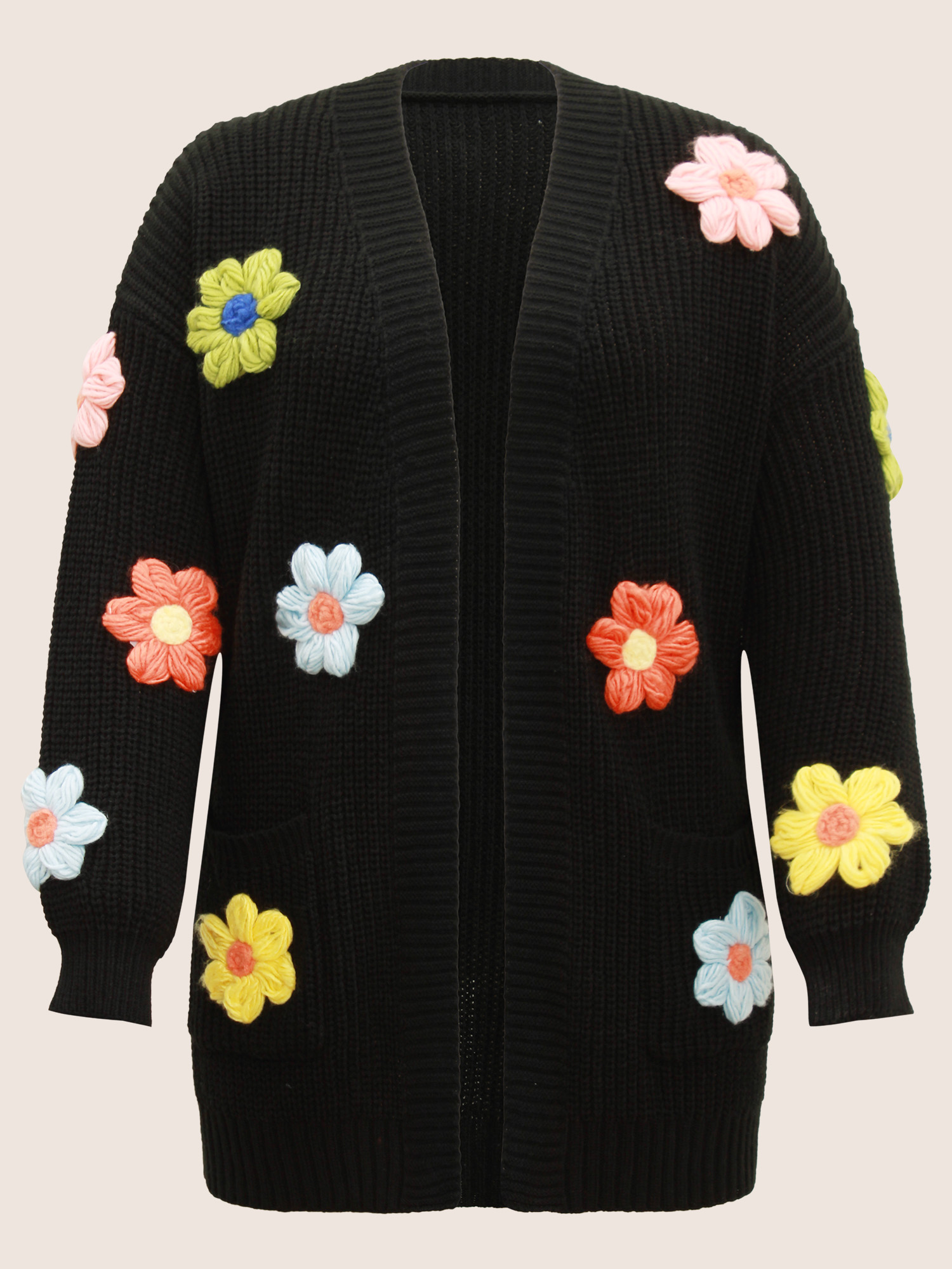 Plus Size Rainbow Floral Pocket Open Front Cardigan Black Women Casual Long Sleeve Everyday Cardigans BloomChic 22-24/3X 