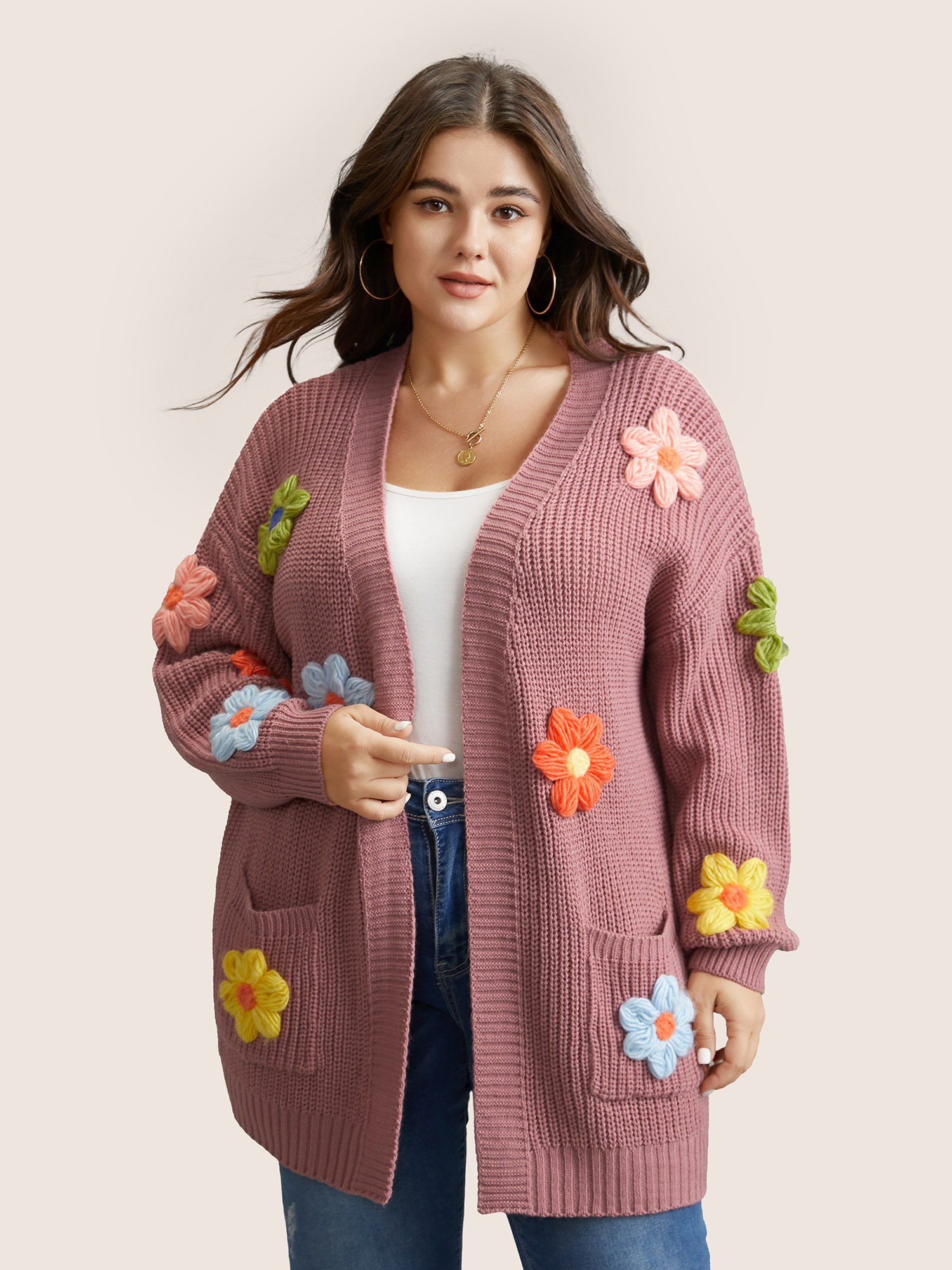 

Plus Size Rainbow Floral Pocket Open Front Cardigan Rouge Women Casual Long Sleeve Everyday Cardigans BloomChic