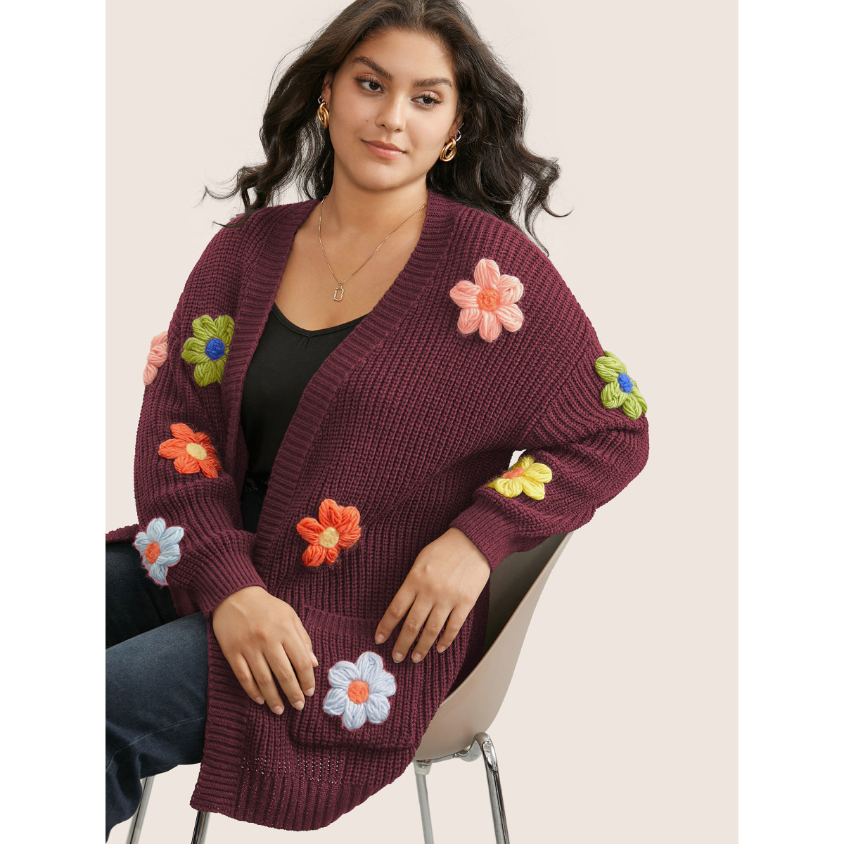 

Plus Size Rainbow Floral Pocket Open Front Cardigan Burgundy Women Casual Everyday Cardigans BloomChic