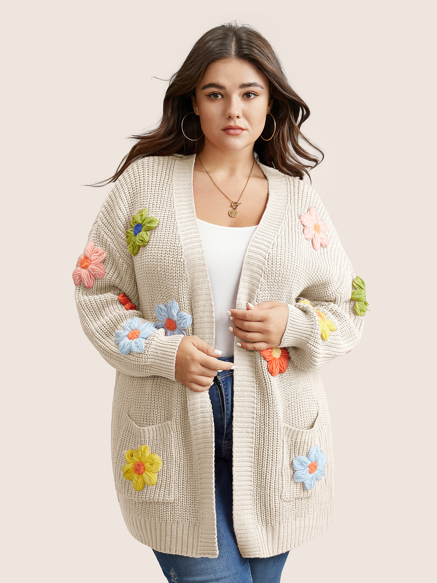 

Plus Size Rainbow Floral Pocket Open Front Cardigan Beige Women Casual Long Sleeve Everyday Cardigans BloomChic