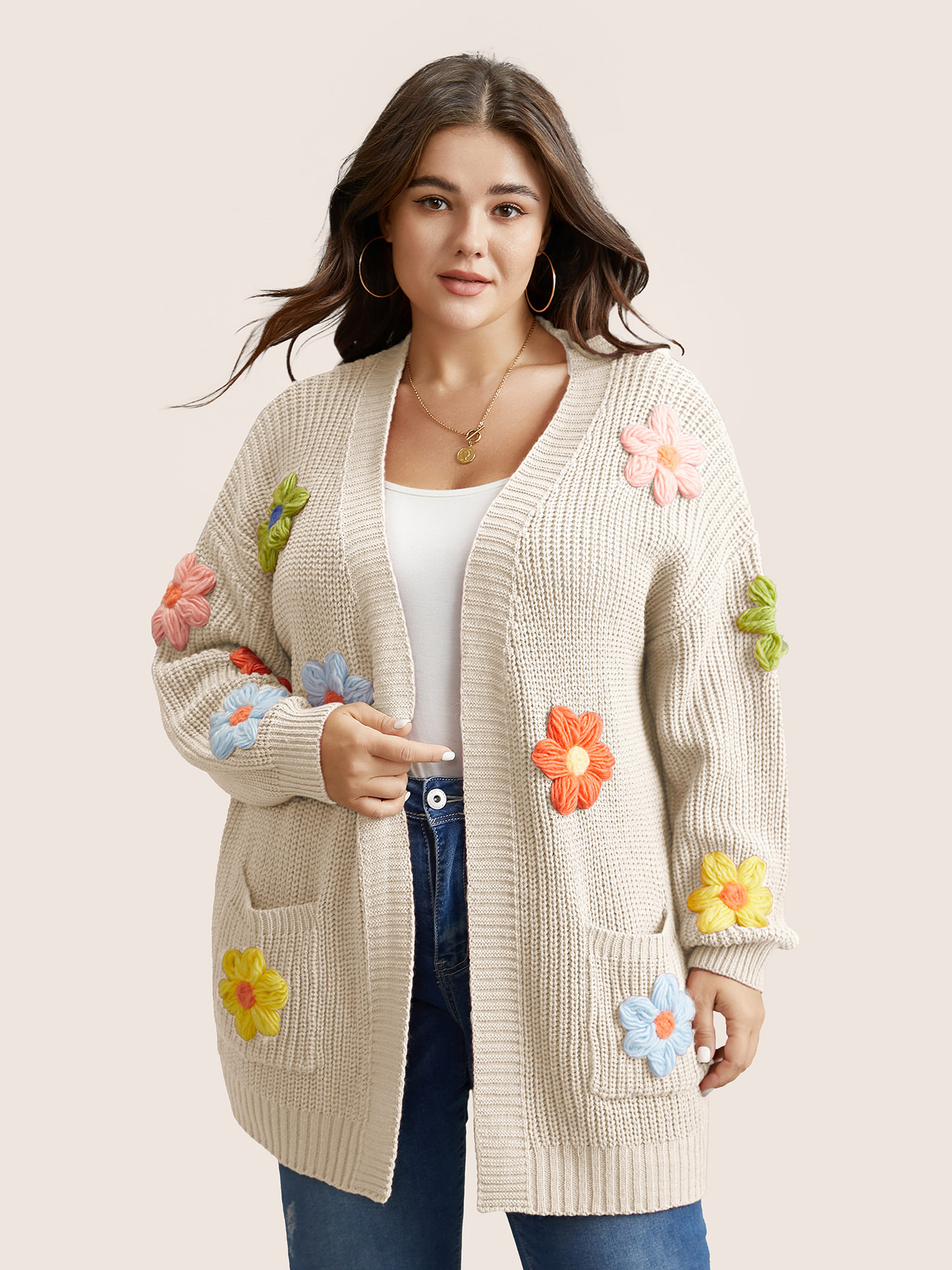 Plus Size Rainbow Floral Pocket Open Front Cardigan Beige Women Casual Long Sleeve Everyday Cardigans BloomChic 28/5X 