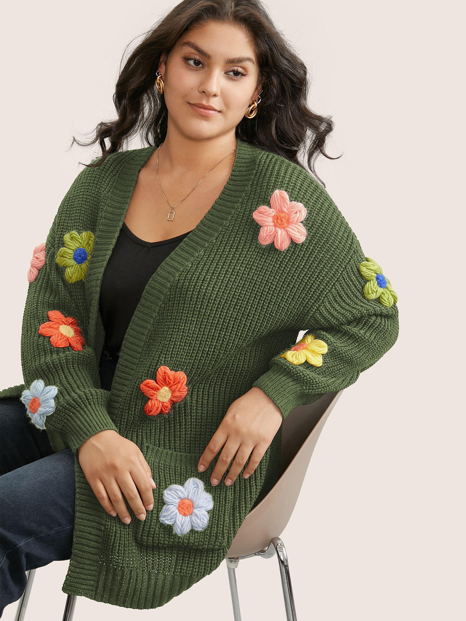 

Plus Size Rainbow Floral Pocket Open Front Cardigan ArmyGreen Women Casual Everyday Cardigans BloomChic