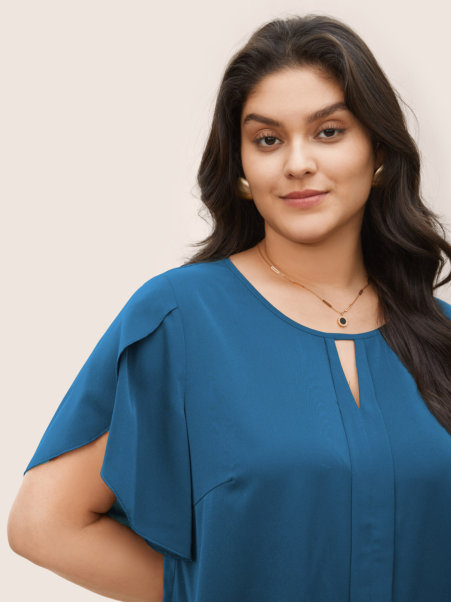 

Plus Size Cerulean Anti-Wrinkle Solid Keyhole Petal Sleeve Blouse Women Work From Home Short sleeve Notched collar Work Blouses BloomChic