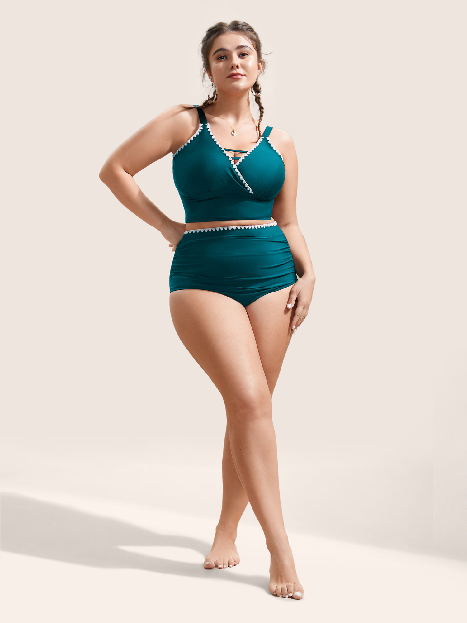 

Plus Size Shell Stitch Hollow Out Warp Swim Top Women's Swimwear DarkGreen Beach Non High stretch Skinny V-neck Curve Swim Tops BloomChic