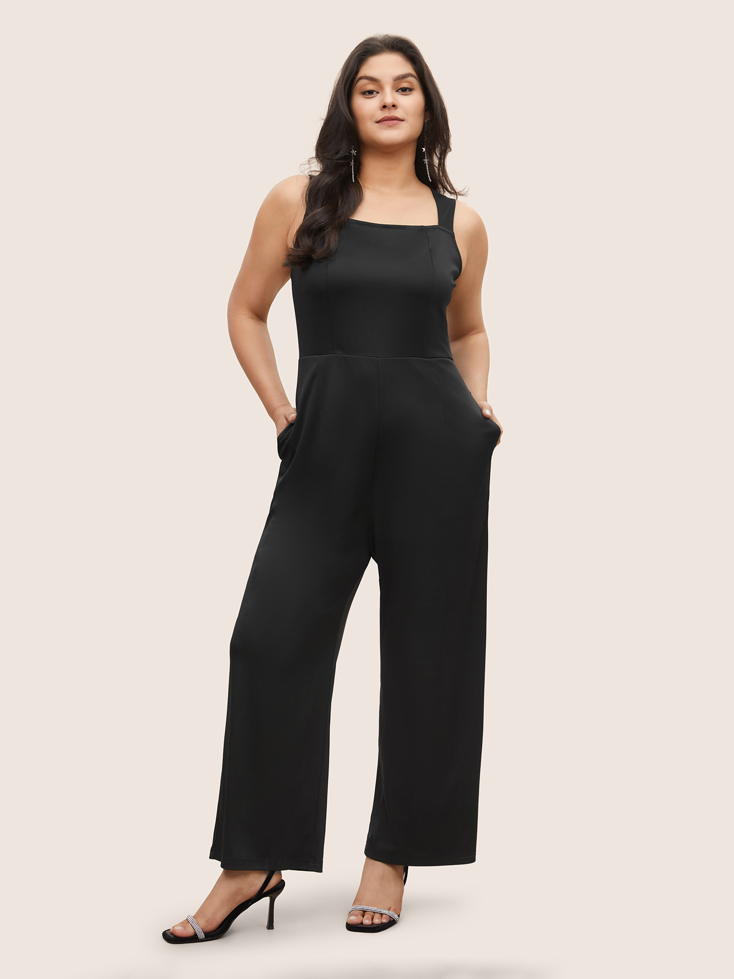 Plus Size Black Solid Patchwork Pocket Square Neck Sleeveless Jumpsuit Women Cocktail Party Loose Jumpsuits BloomChic 30/6X 