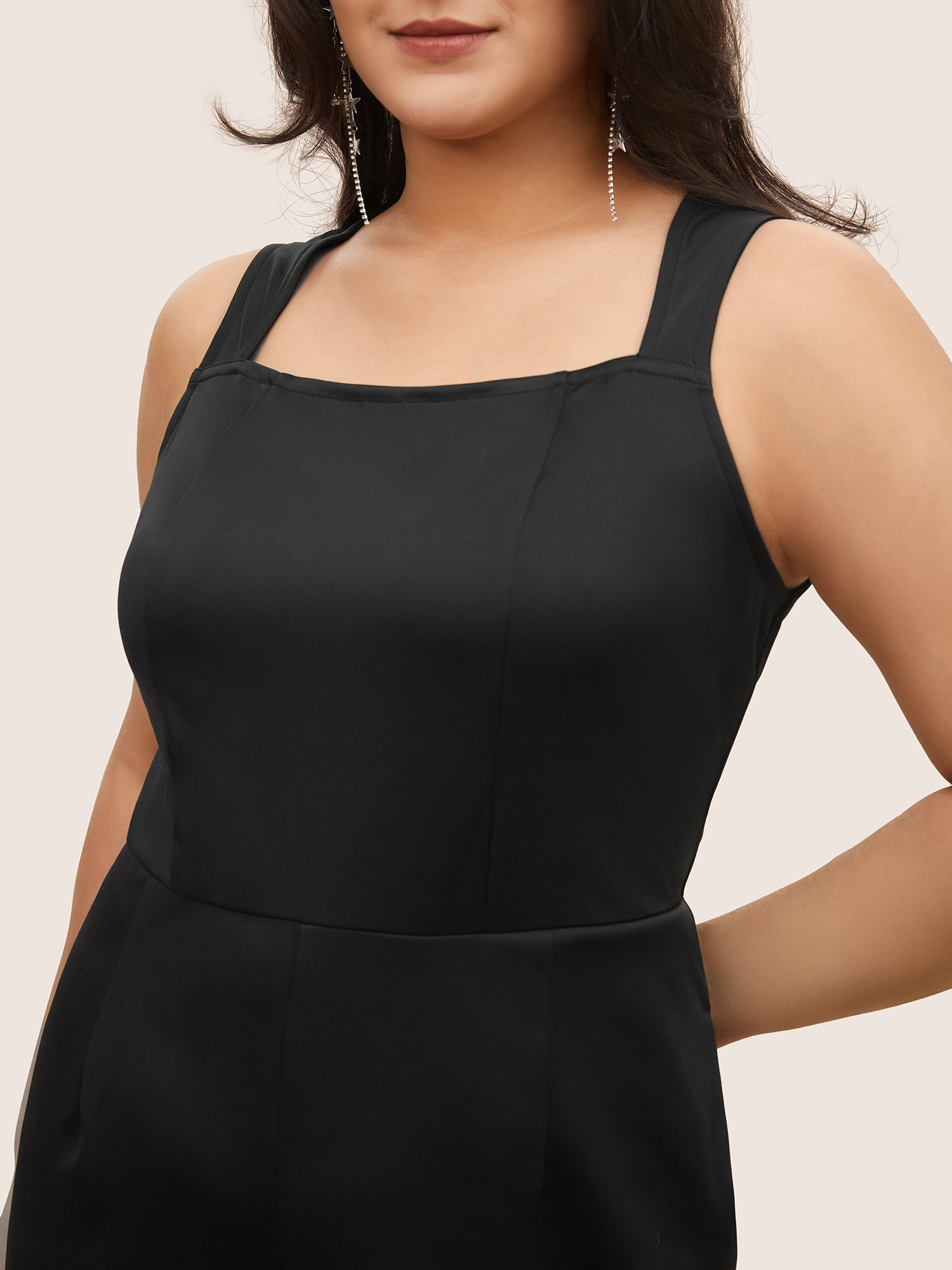 

Plus Size Black Solid Patchwork Pocket Square Neck Sleeveless Jumpsuit Women Cocktail Sleeveless Square Neck Party Loose Jumpsuits BloomChic
