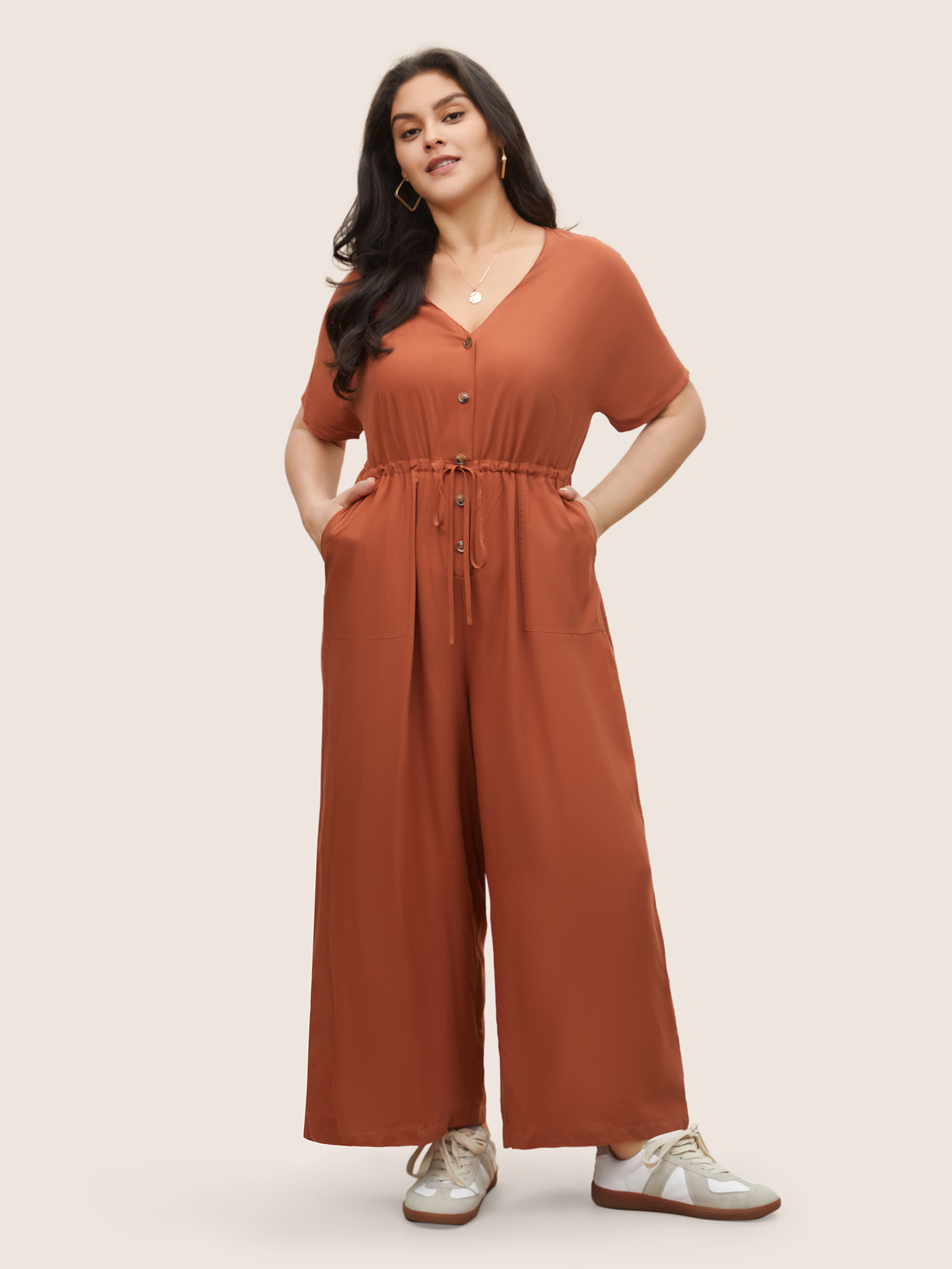 

Plus Size Chocolate Plain Button Up Drawstring Gathered Pocket Jumpsuit Women Casual Short sleeve V-neck Everyday Loose Jumpsuits BloomChic