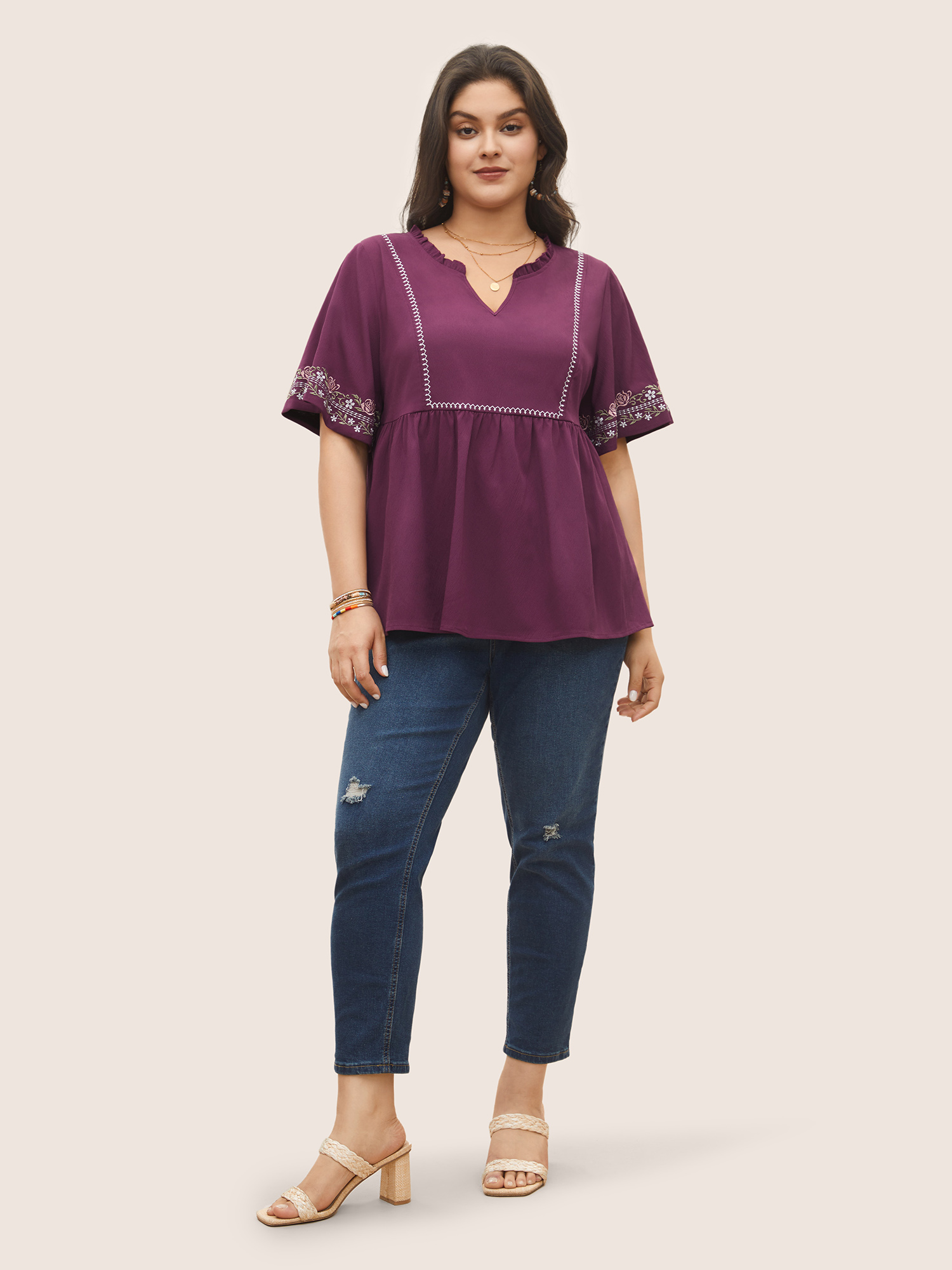 

Plus Size Purple Notched Floral Embroidered Frill Trim Blouse Women Resort Short sleeve Notched collar Vacation Blouses BloomChic