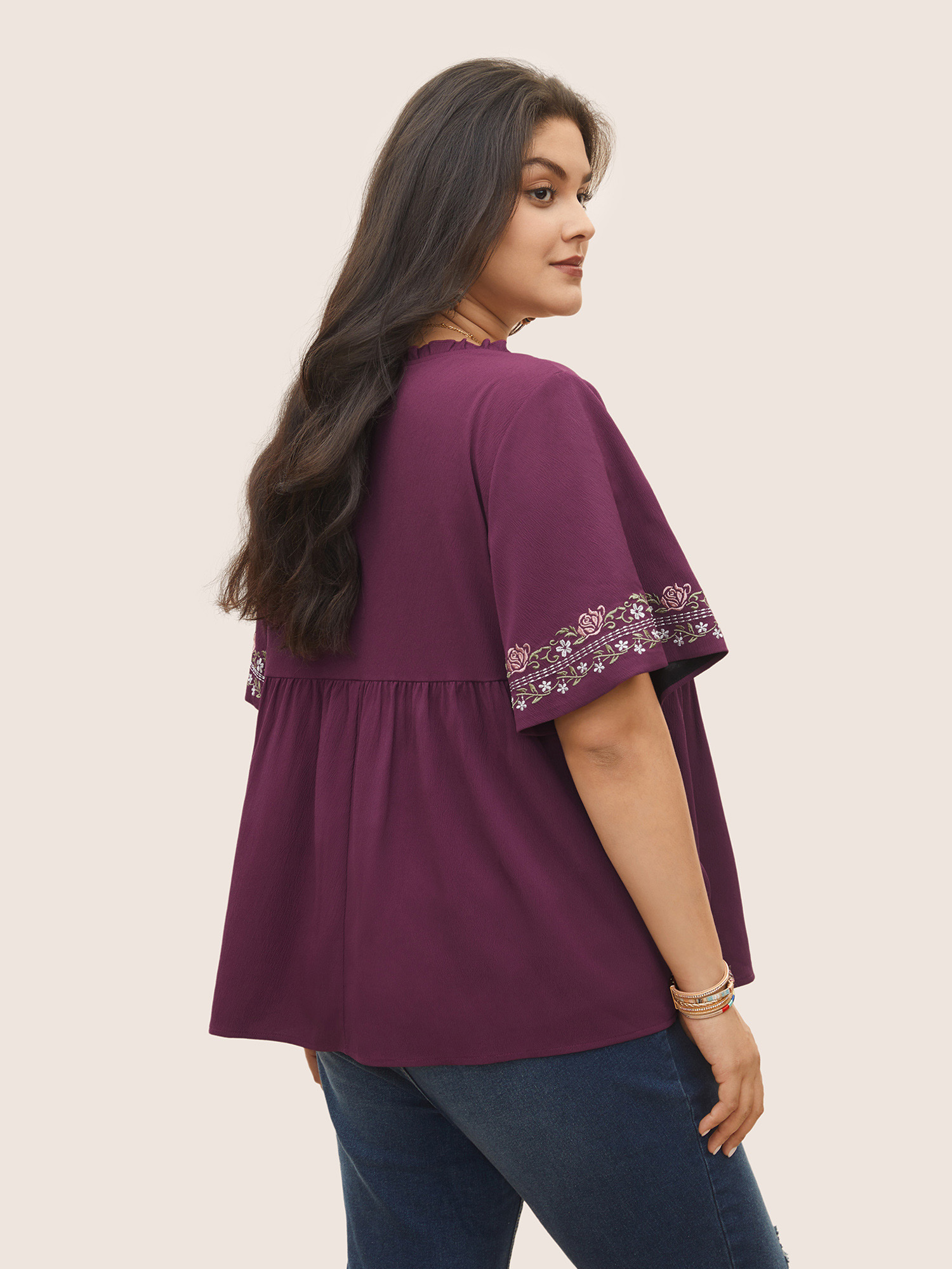 

Plus Size Purple Notched Floral Embroidered Frill Trim Blouse Women Resort Short sleeve Notched collar Vacation Blouses BloomChic