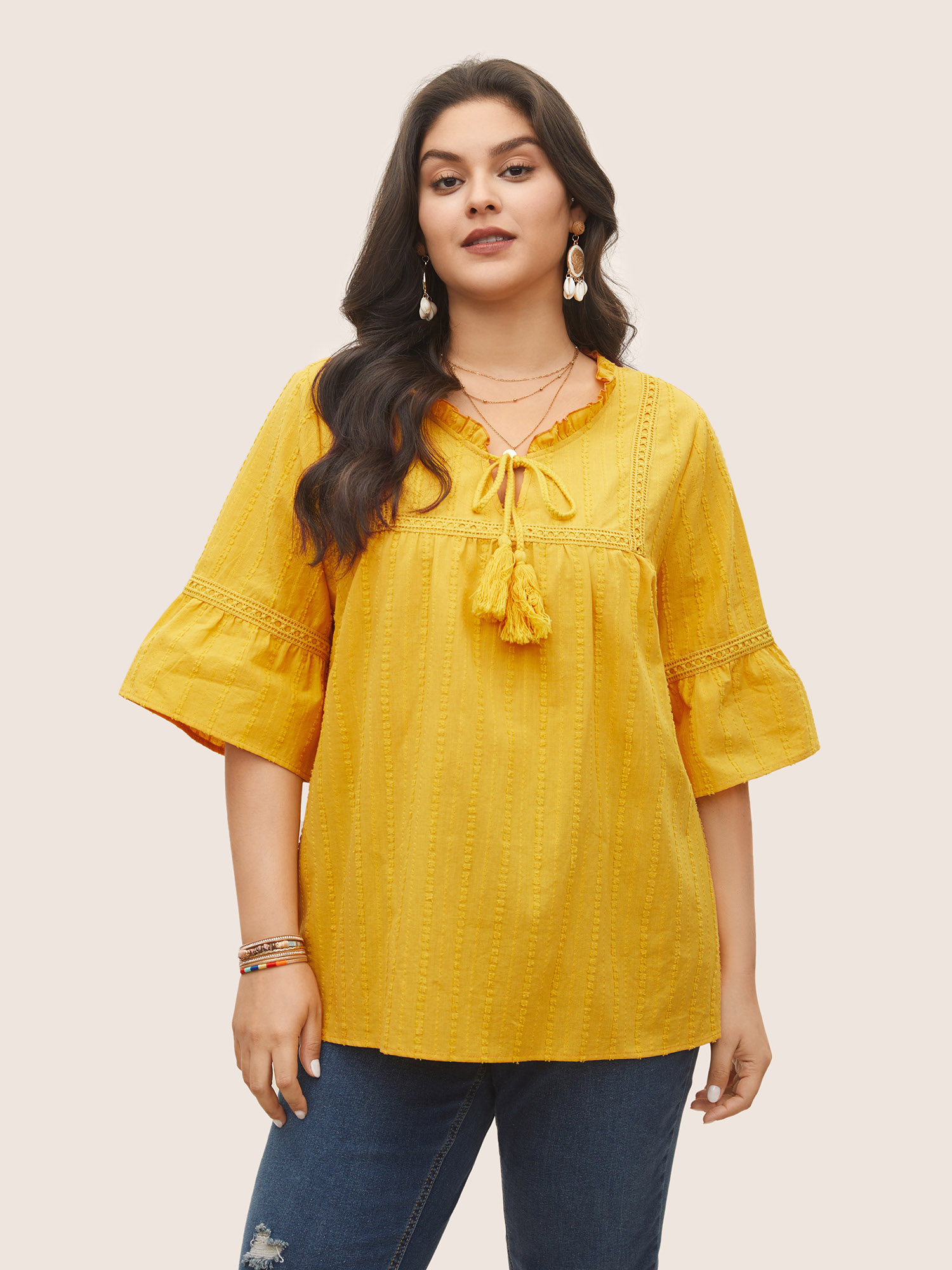 

Plus Size Yellow Solid Contrast Webbing Tassel Frill Trim Blouse Women Resort Elbow-length sleeve Flat collar with V-notch Vacation Blouses BloomChic