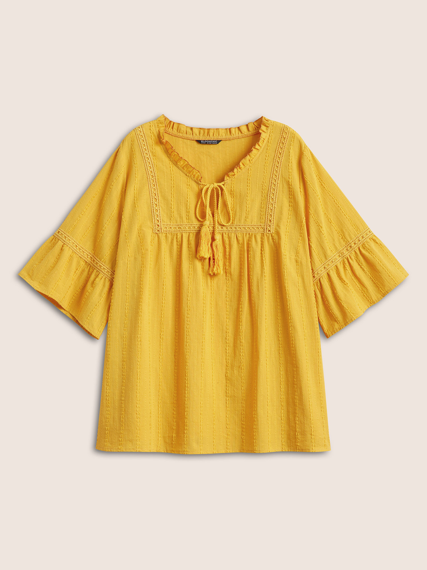 

Plus Size Yellow Solid Contrast Webbing Tassel Frill Trim Blouse Women Resort Flat collar with V-notch Vacation Blouses BloomChic