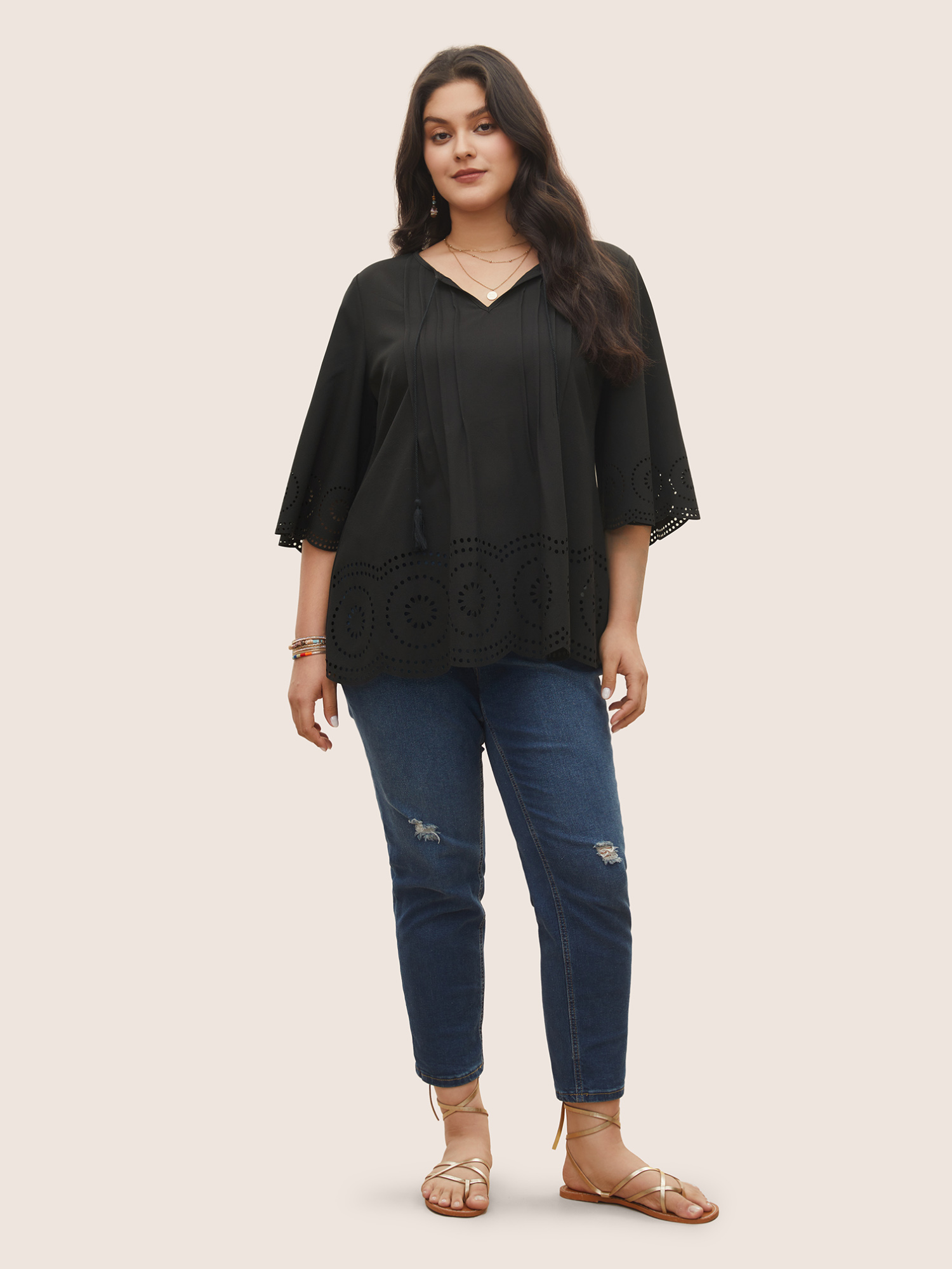 Plus Size Black Solid Laser Cut Pleated Tassel Trim Blouse Women Resort Half Sleeve V-neck Vacation Blouses BloomChic 18-20/2X 