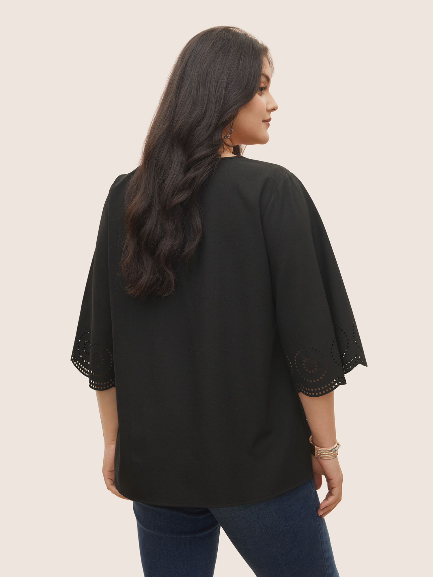 Plus Size Black Solid Laser Cut Pleated Tassel Trim Blouse Women Resort Half Sleeve V-neck Vacation Blouses BloomChic 18-20/2X 