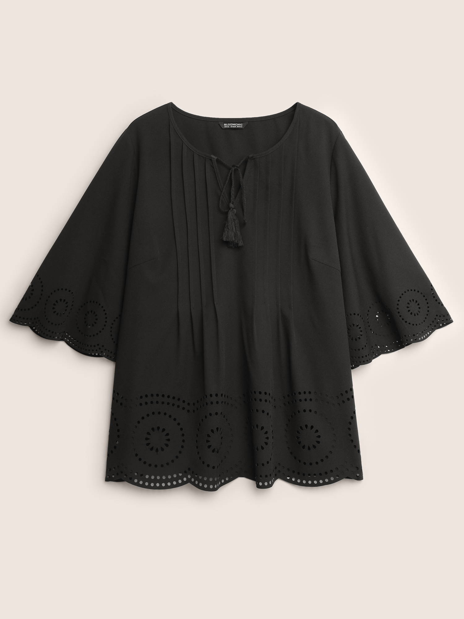 Plus Size Black Solid Laser Cut Pleated Tassel Trim Blouse Women Resort Half Sleeve V-neck Vacation Blouses BloomChic 18-20/2X 