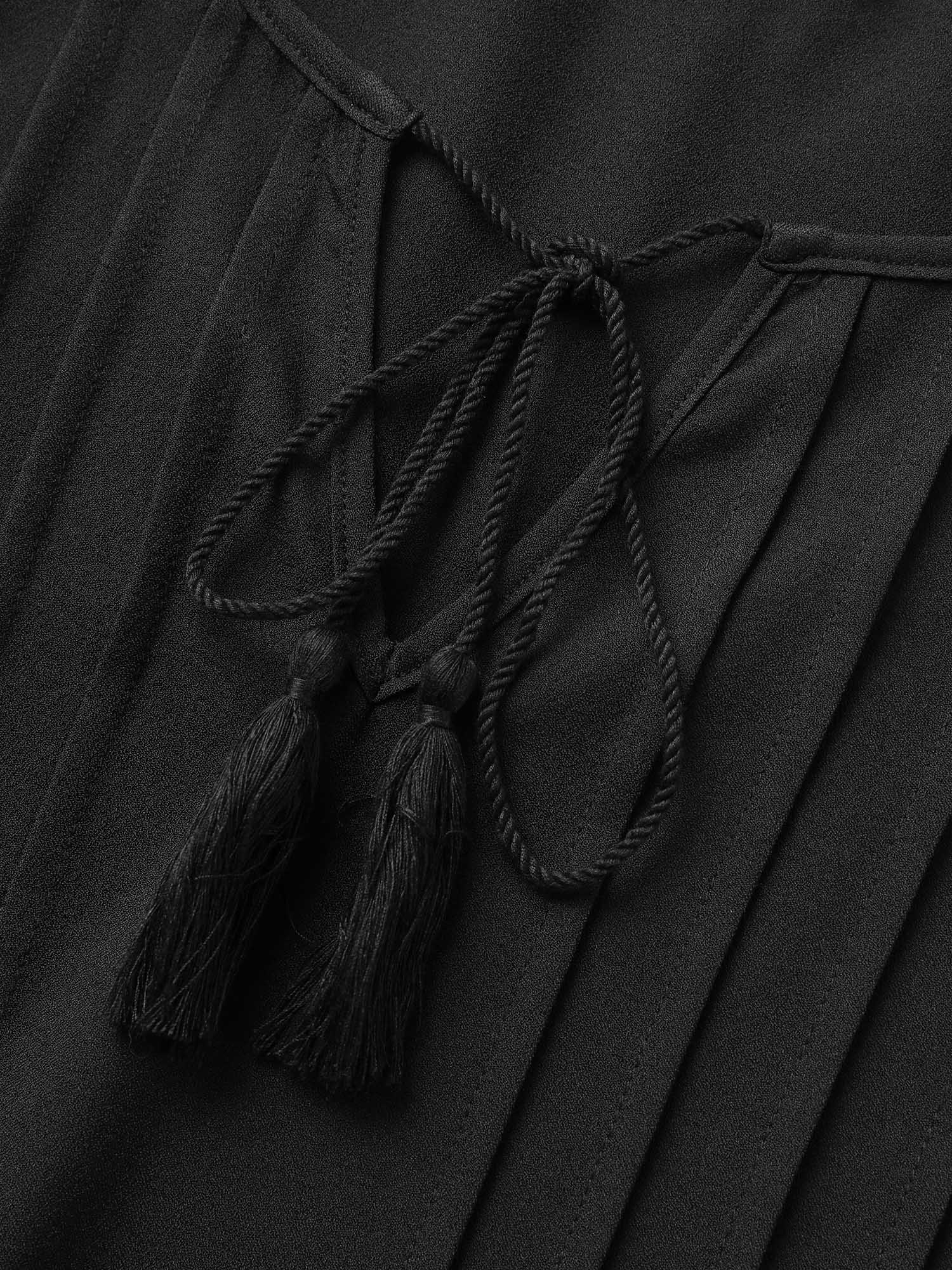 Plus Size Black Solid Laser Cut Pleated Tassel Trim Blouse Women Resort Half Sleeve V-neck Vacation Blouses BloomChic 18-20/2X 