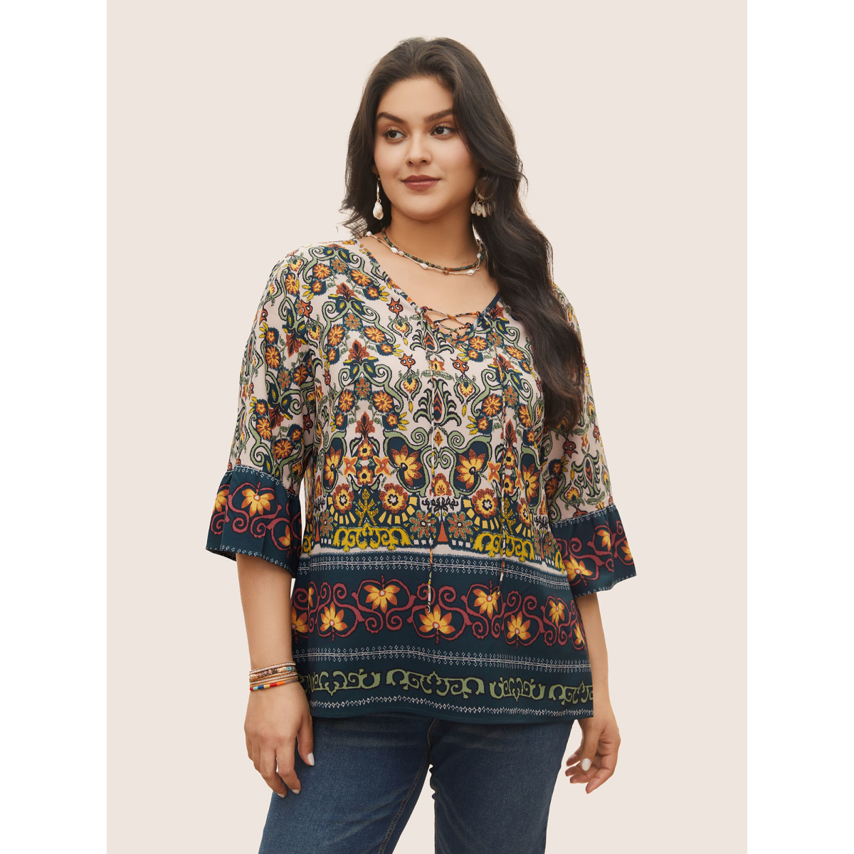 

Plus Size Multicolor Boho Print Lace Up Bell Sleeve Blouse Women Resort Half Sleeve V-neck Vacation Blouses BloomChic