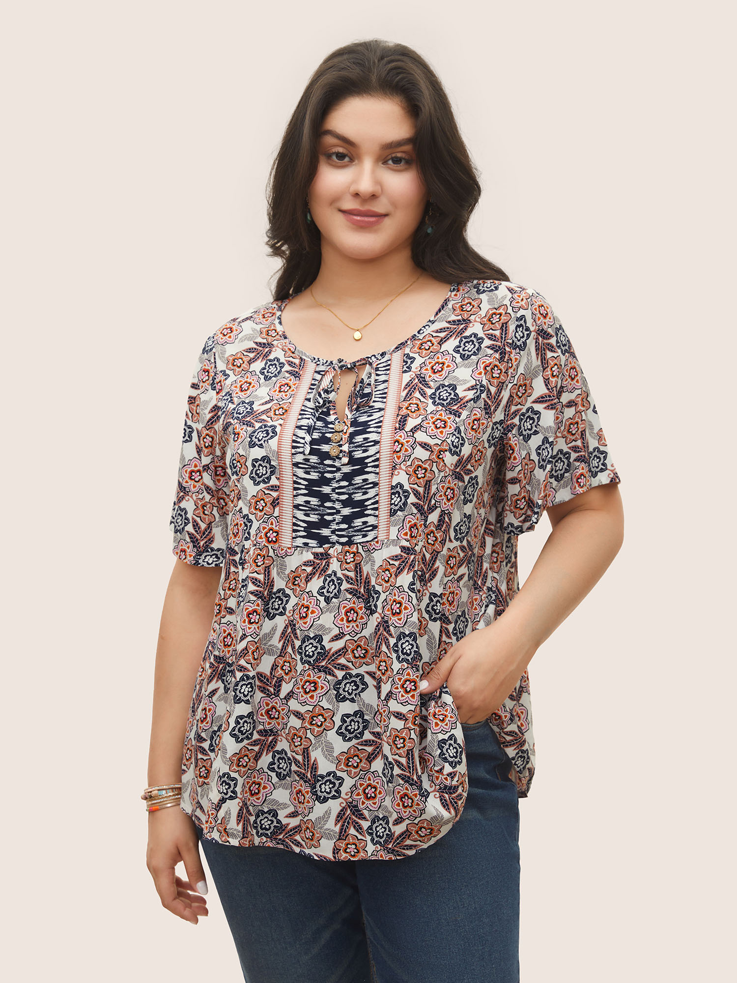 

Plus Size Indigo Boho Print Button Detail Ties Blouse Women Resort Short sleeve V-neck Vacation Blouses BloomChic