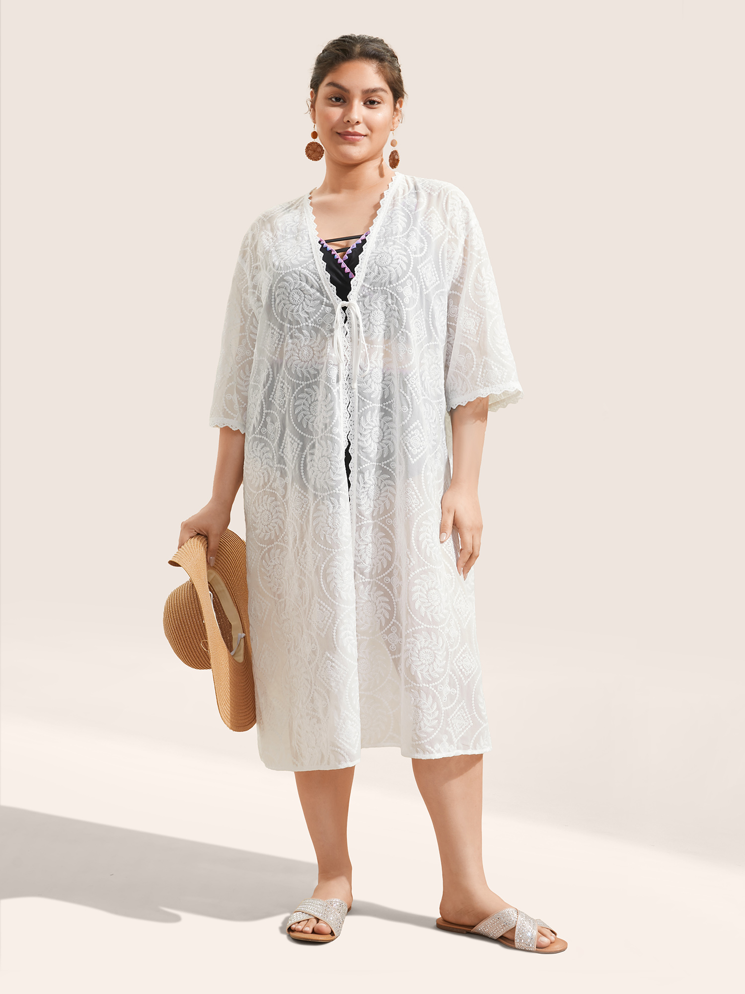 

Plus Size Mesh Embroidered Lace Patchwork Ties Kimono Women White Resort Non Vacation Kimonos BloomChic