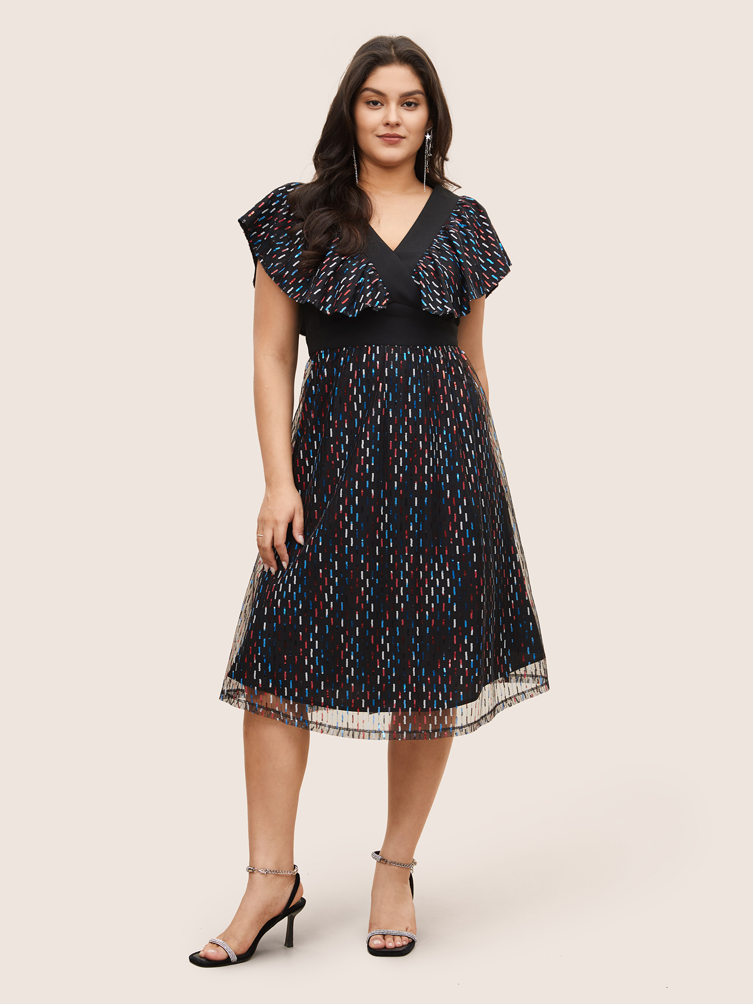 

Plus Size Sequin Patchwork Pocket Flutter Cap Sleeve Dress Black Women Cocktail See through V-neck Cap Sleeve Curvy Midi Dress BloomChic