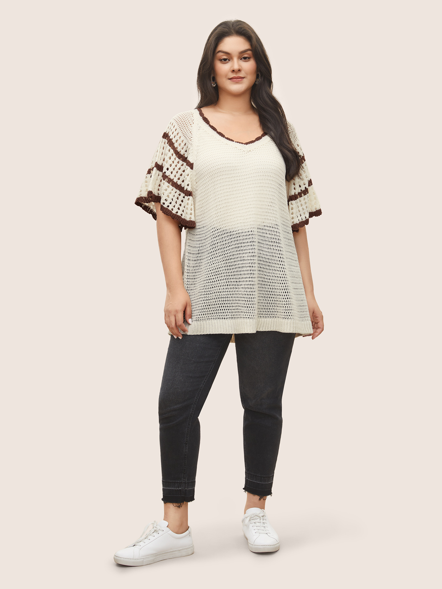 Plus Size Contrast Striped Cut Out Flutter Sleeve Sweater T-shirt Ivory Half Sleeve V-neck Casual Knit Tops 14-16/1X Bloomchic 