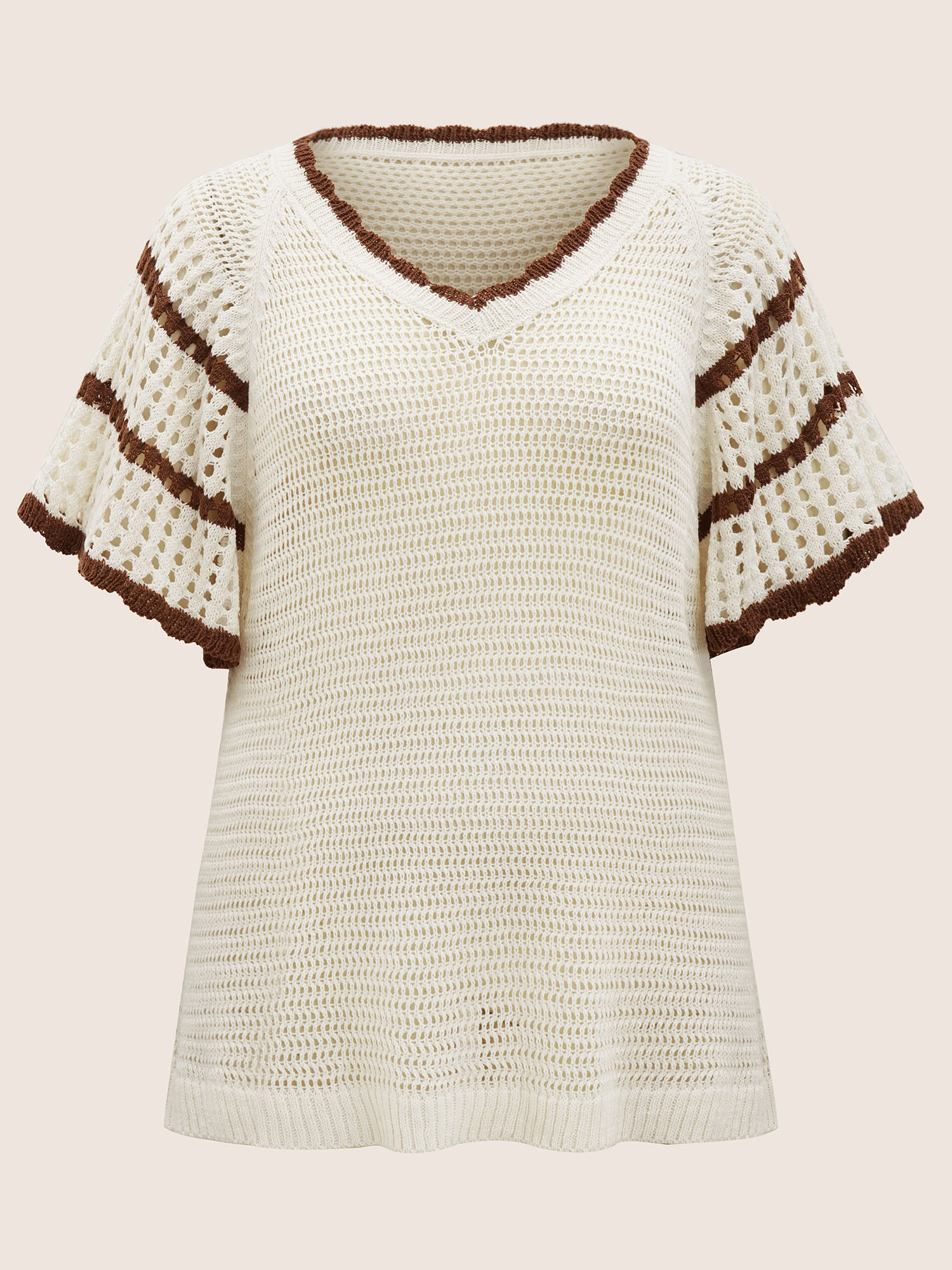Plus Size Contrast Striped Cut Out Flutter Sleeve Sweater T-shirt Ivory Half Sleeve V-neck Casual Knit Tops 14-16/1X Bloomchic 