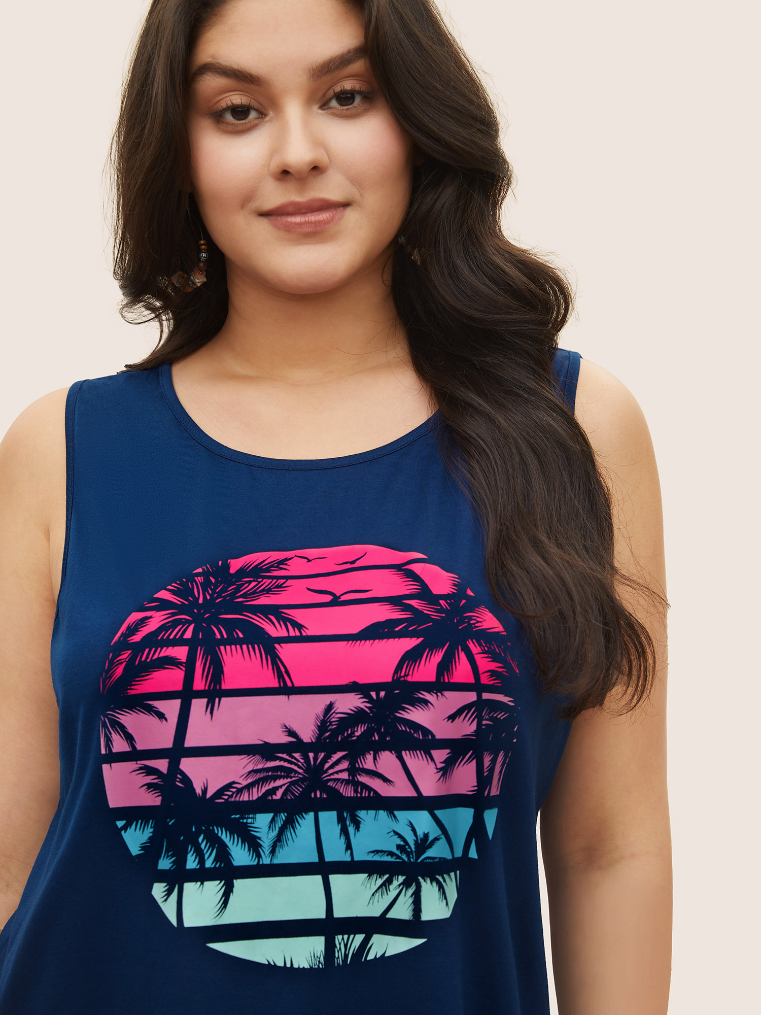 

Plus Size Tropical Vacation Print Crew Neck Tank Top Women Blue Resort Non Round Neck Vacation Tank Tops Camis BloomChic