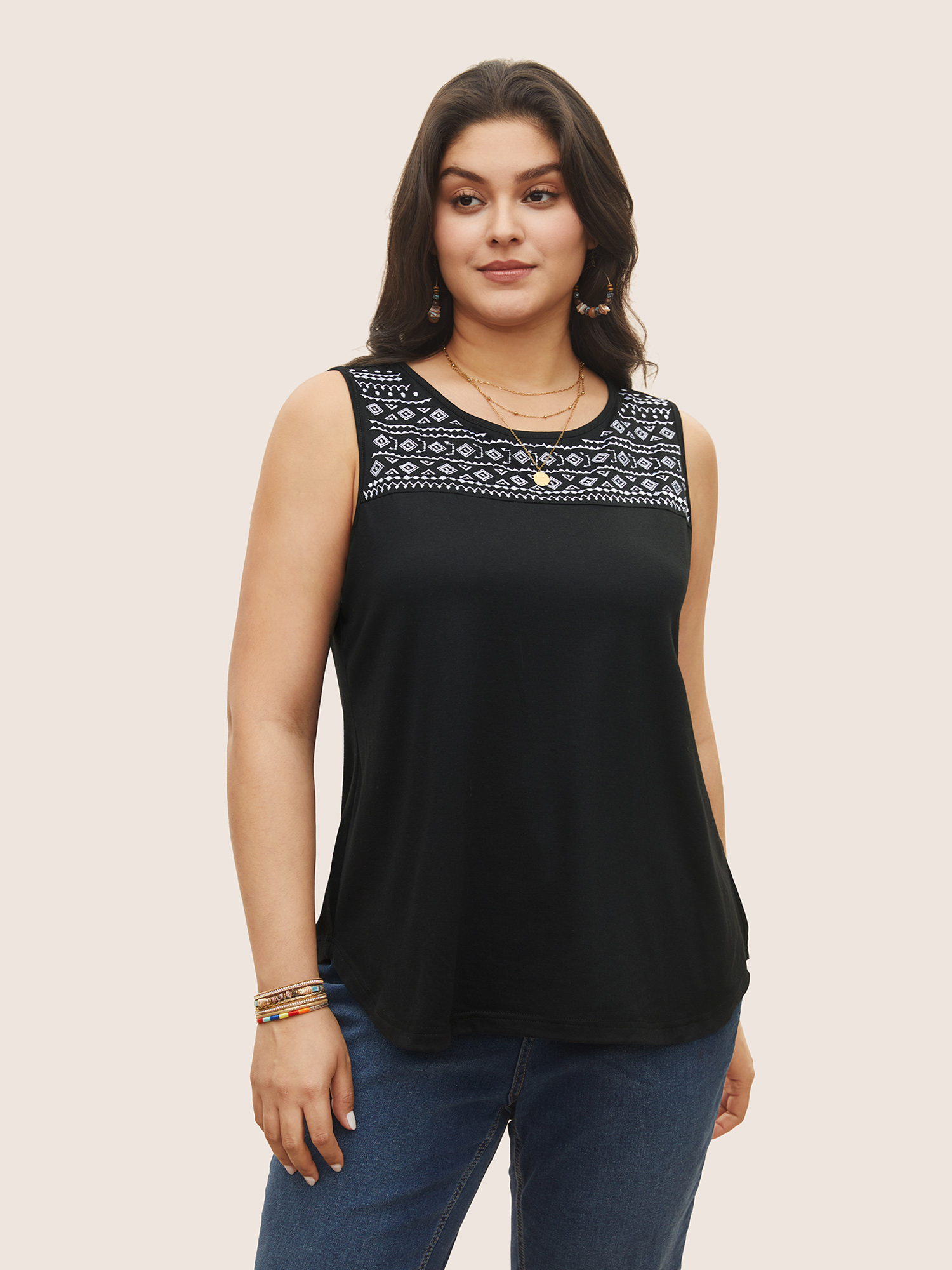 

Plus Size Bandana Geometric Embroidered Tank Top Women Black Resort Embroidered Round Neck Vacation Tank Tops Camis BloomChic