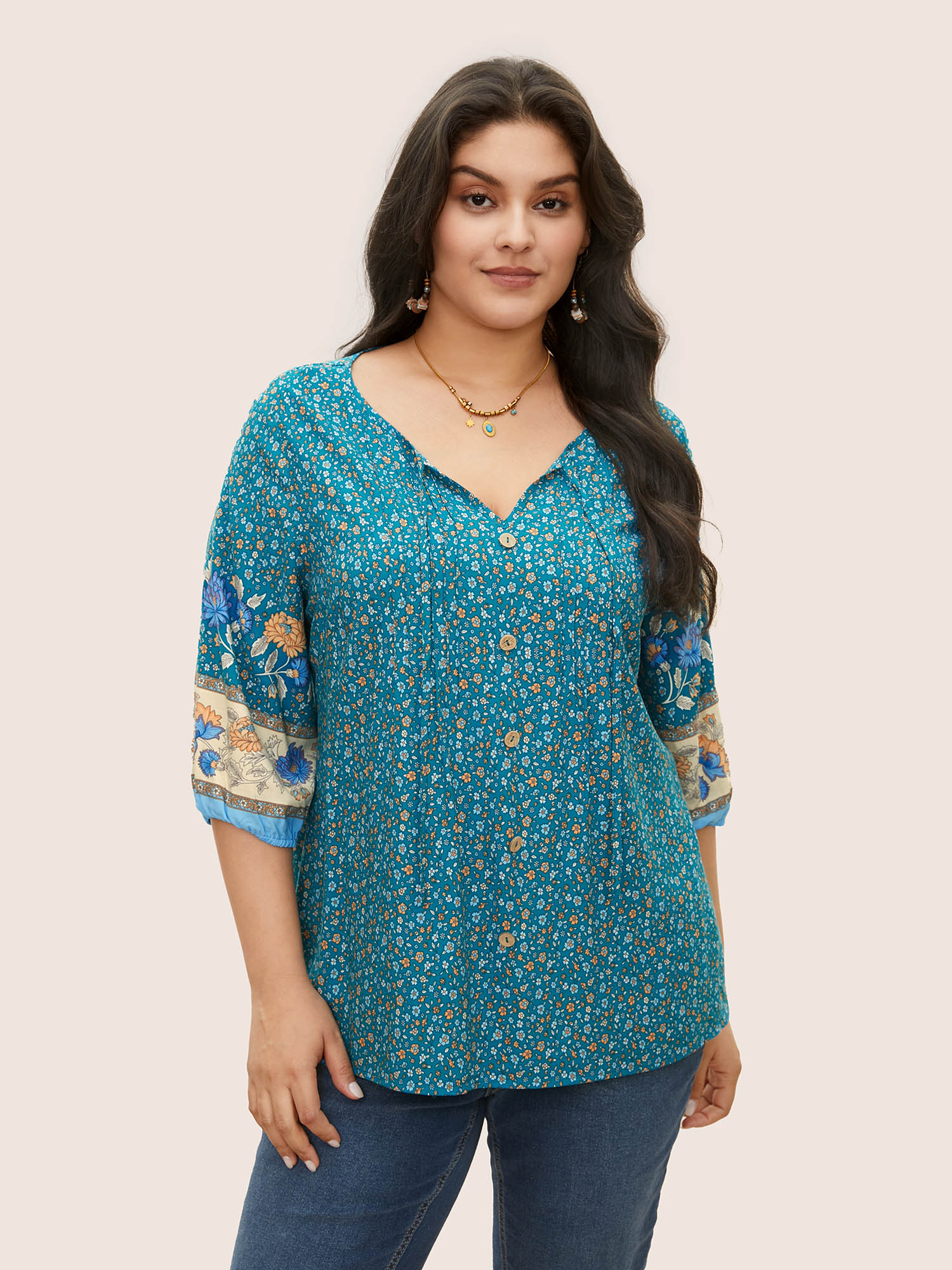 

Plus Size Cerulean Boho Print Pleated Button Detail Tie Neck Blouse Women Resort Elbow-length sleeve Notched collar Vacation Blouses BloomChic
