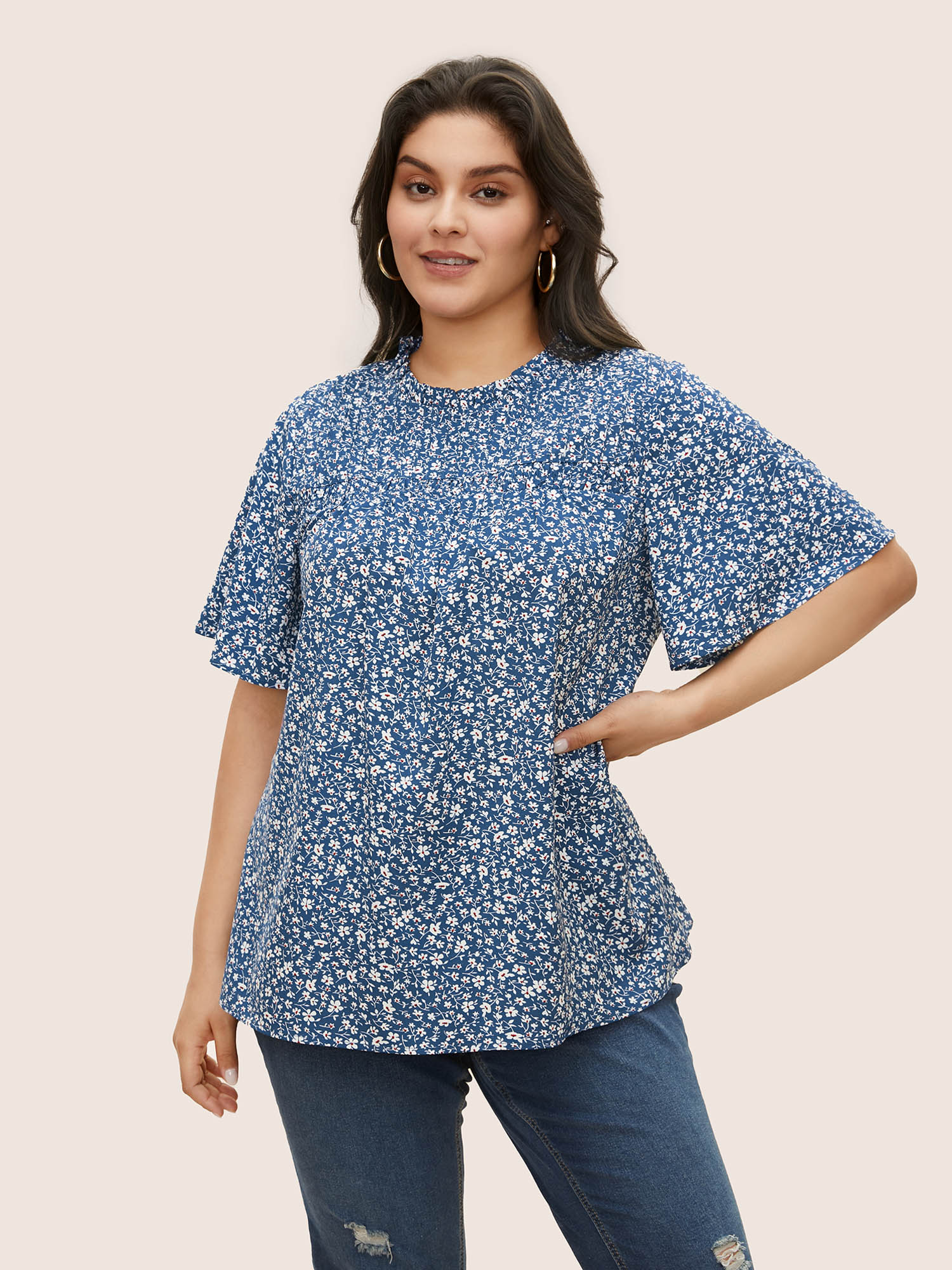 

Plus Size Aegean Ditsy Floral Plicated Detail Frill Trim Blouse Women Elegant Short sleeve Round Neck Everyday Blouses BloomChic