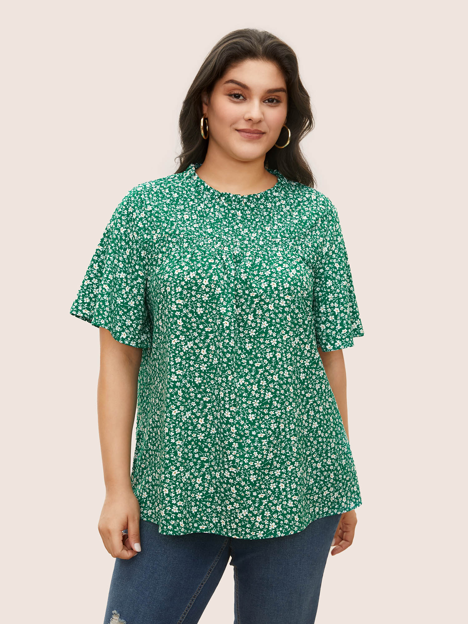 

Plus Size DarkGreen Ditsy Floral Plicated Detail Frill Trim Blouse Women Elegant Short sleeve Round Neck Everyday Blouses BloomChic