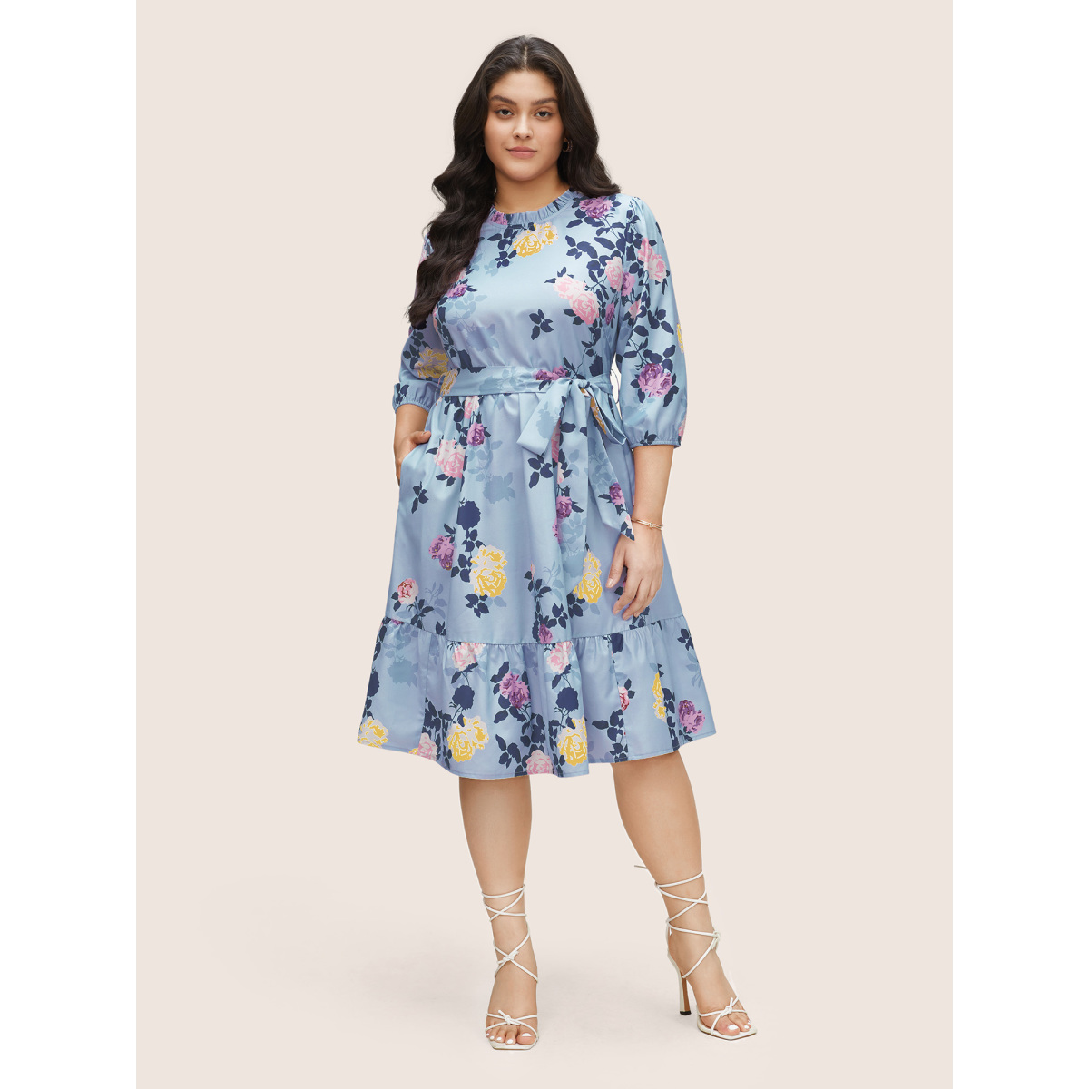 

Plus Size Floral Print Belted Pocket Frill Trim Dress LightBlue Women Non Round Neck Elbow-length sleeve Curvy Knee Dress BloomChic