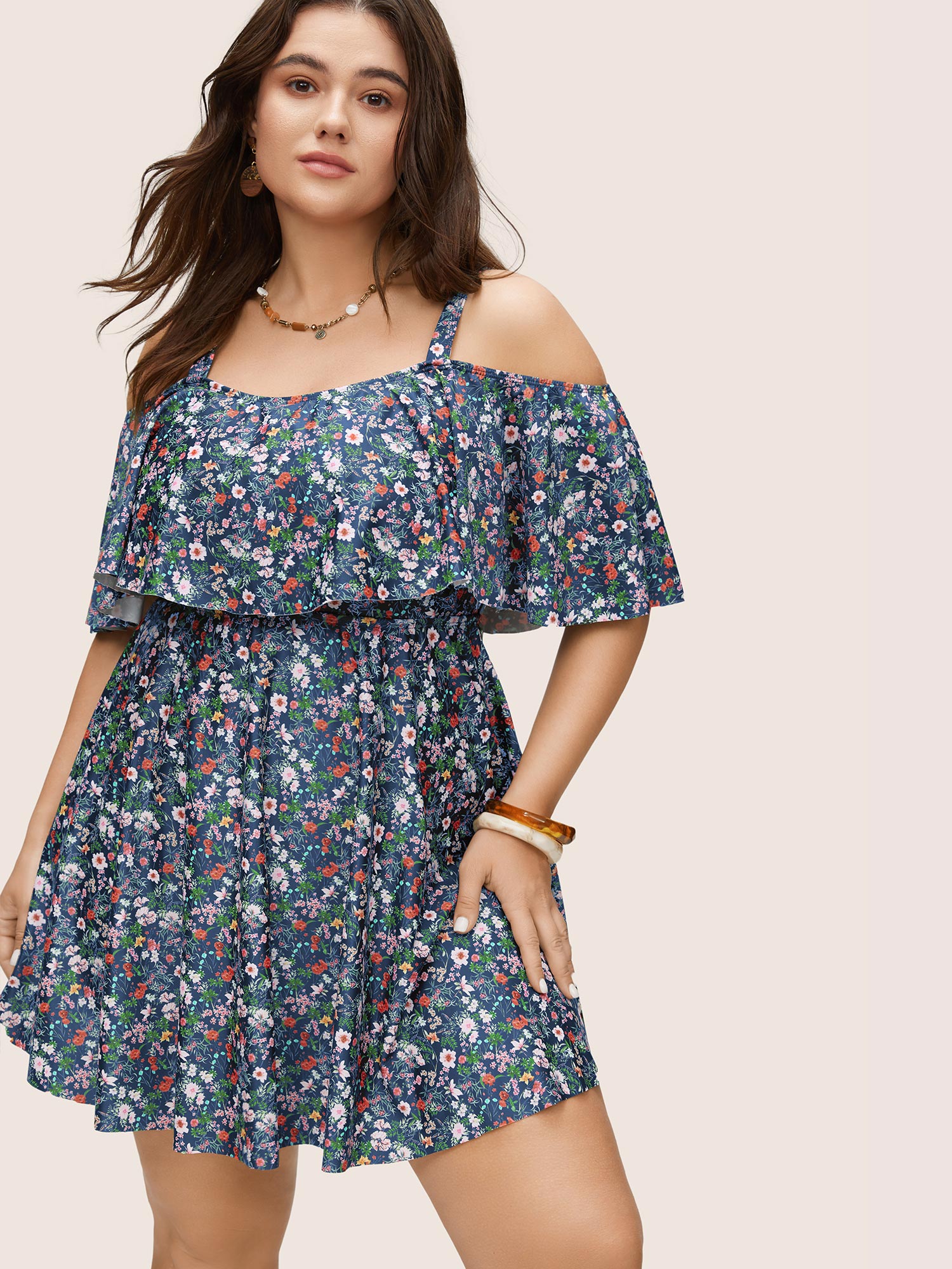 

Plus Size Ditsy Floral Ruffles Cold Shoulder Swim Dress Women's Swimwear Indigo Beach Bodycon One-shoulder neck High stretch Curve Swim Dresses BloomChic