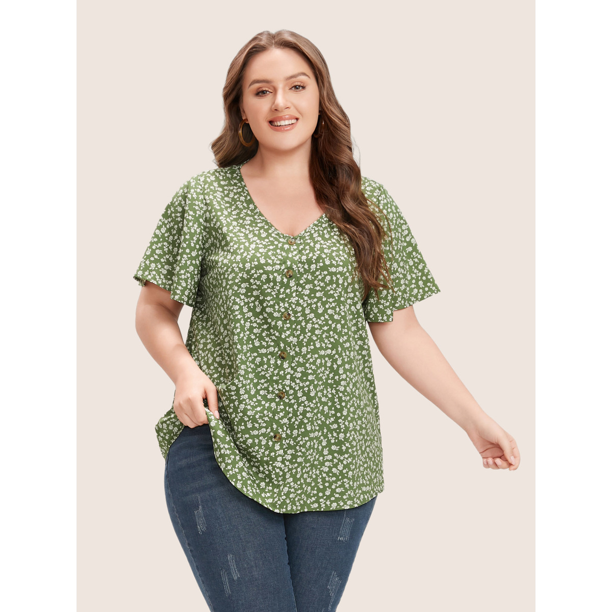 

Plus Size Mint Ditsy Floral Ruffle Sleeve Button Detail Blouse Women Elegant Short sleeve V-neck Everyday Blouses BloomChic