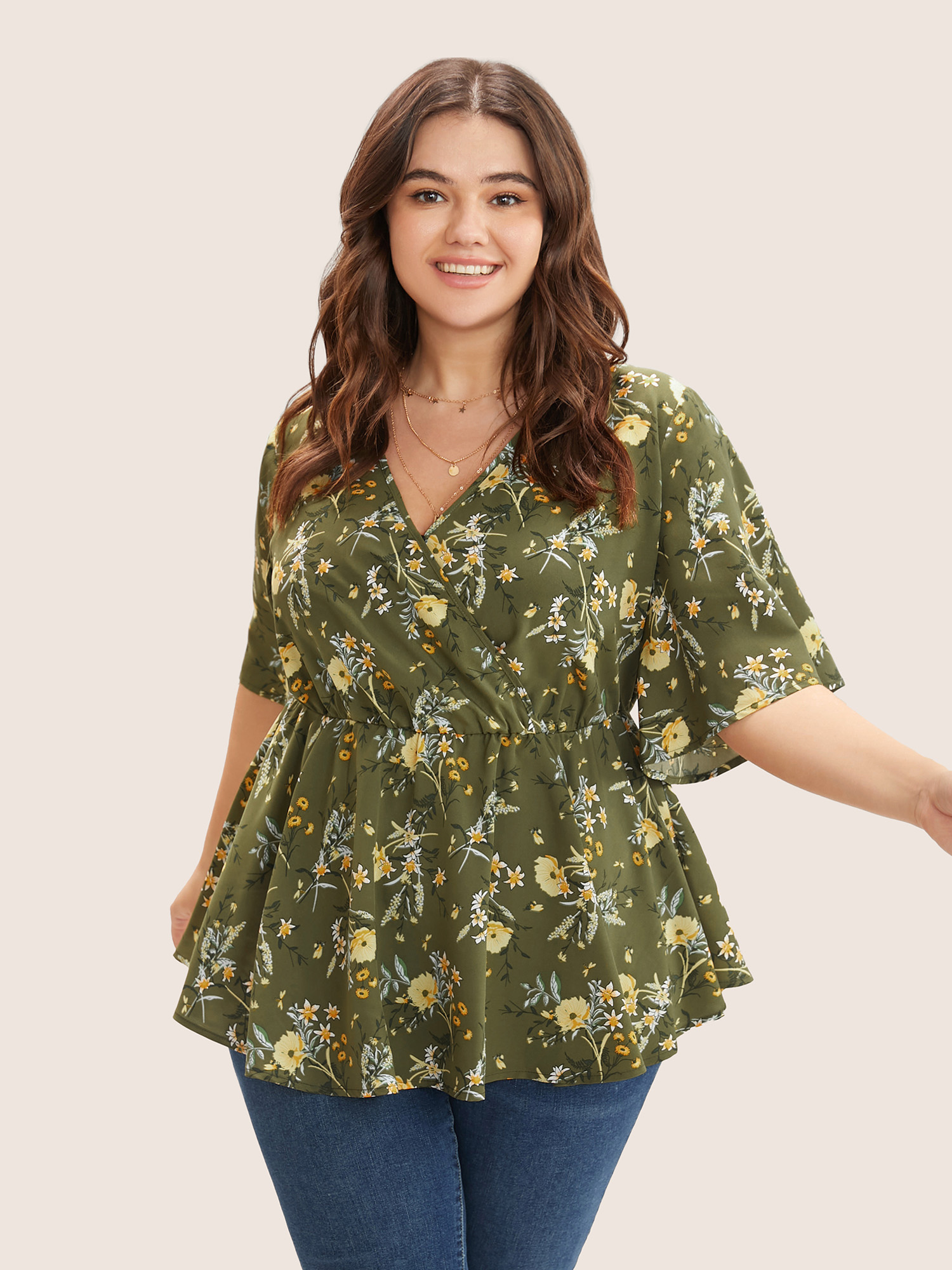 

Plus Size Moss Floral Print Ruffles Surplice Neck Blouse Women Elegant Half Sleeve V-neck Everyday Blouses BloomChic