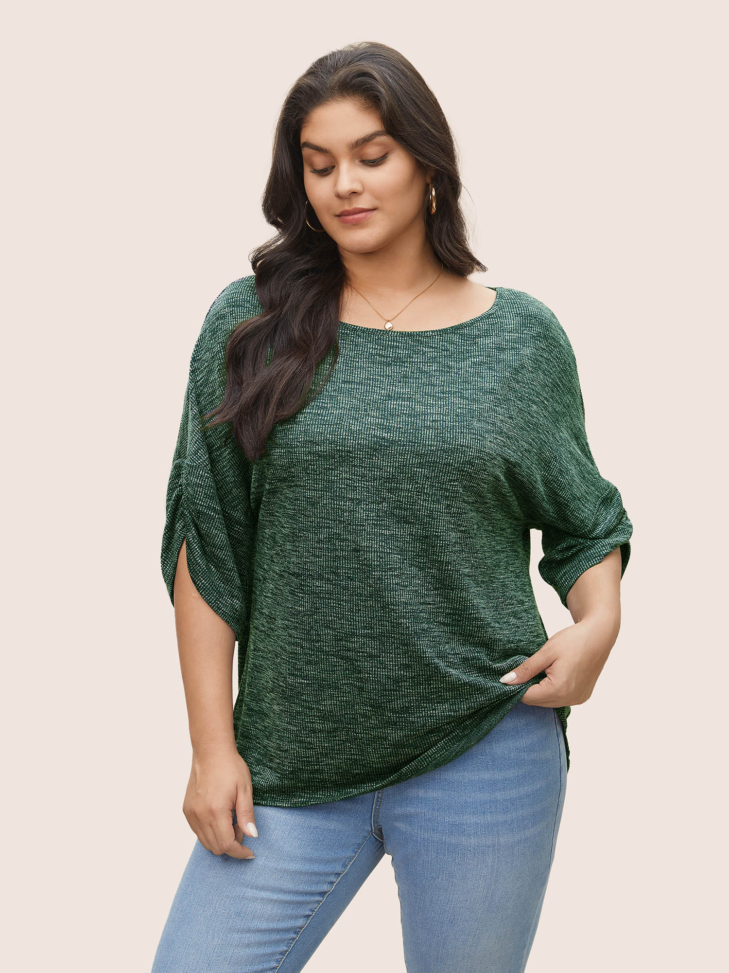 

Plus Size Boat Neck Gathered Dolman Sleeve T-shirt Green Women Casual Texture Plain Round Neck Everyday T-shirts BloomChic