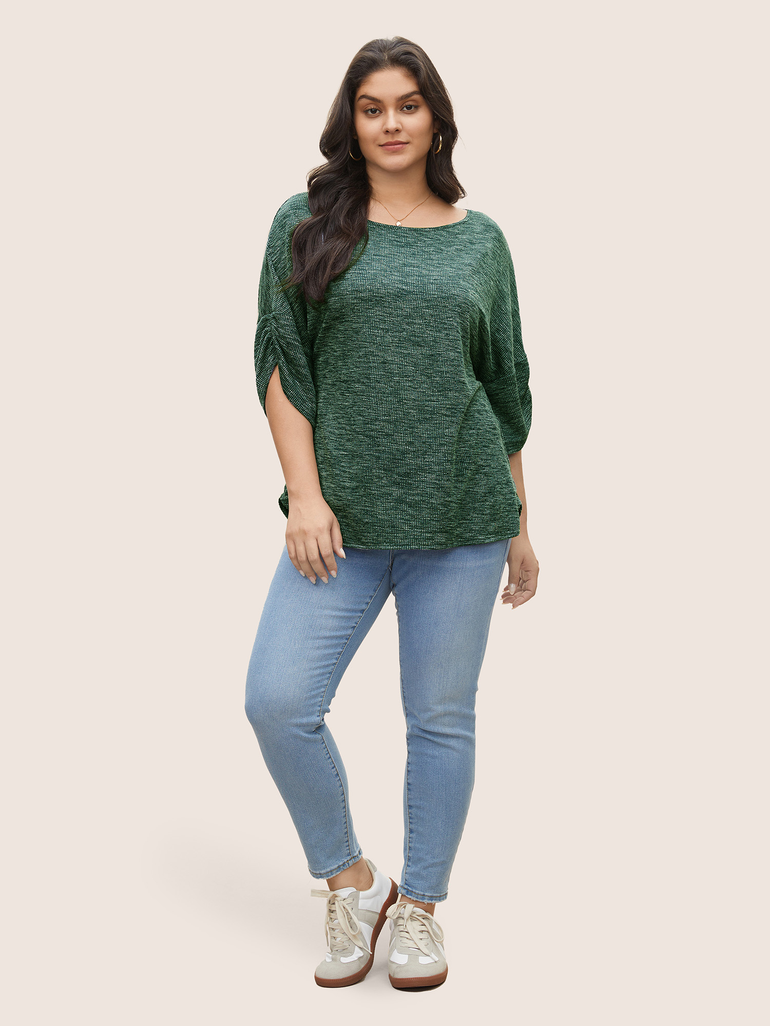 

Plus Size Boat Neck Gathered Dolman Sleeve T-shirt Green Women Casual Texture Plain Round Neck Everyday T-shirts BloomChic
