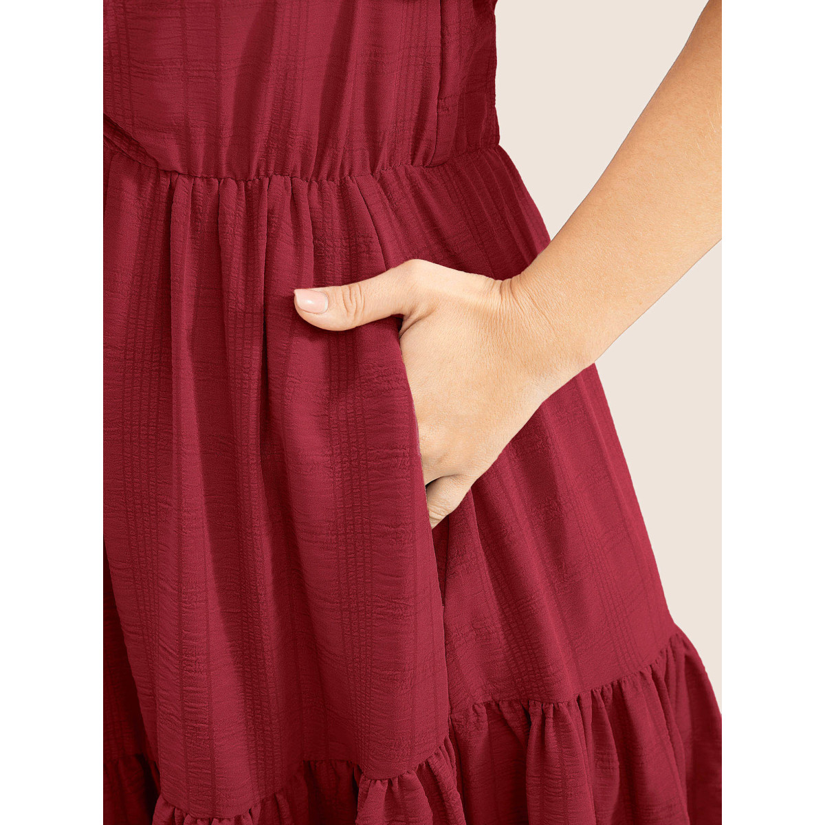 

Plus Size Plain Ruched Drawstring Pocket Ruffle Tiered Dress Raspberry Women Non Curvy Midi Dress BloomChic
