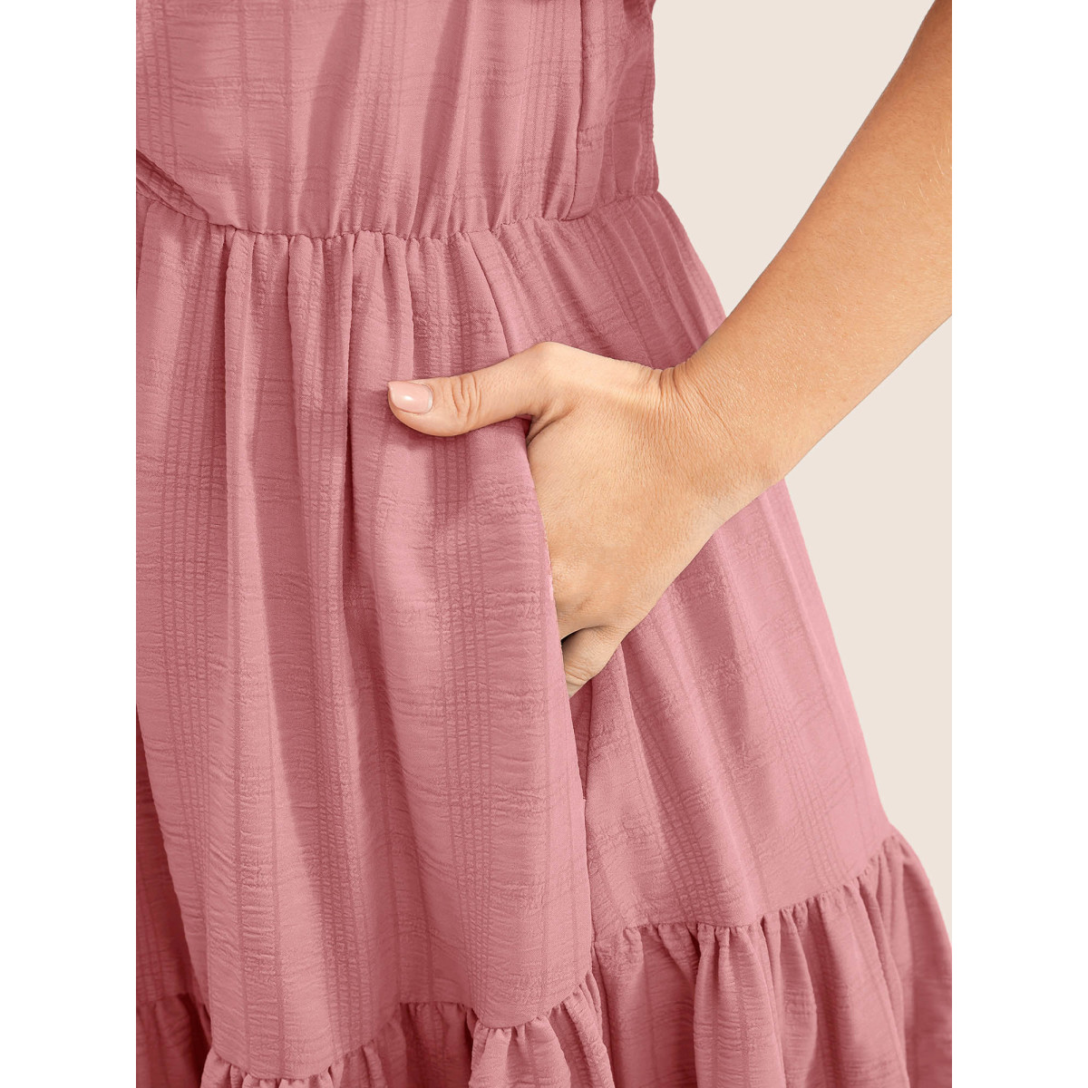 

Pleated Drawstring Ruffled Tiered Plain Vacation Plus Size Dress Women Elegance Pink Short Sleeve V Neck Pocket Dailywear Midi Dress Dresses BloomChic