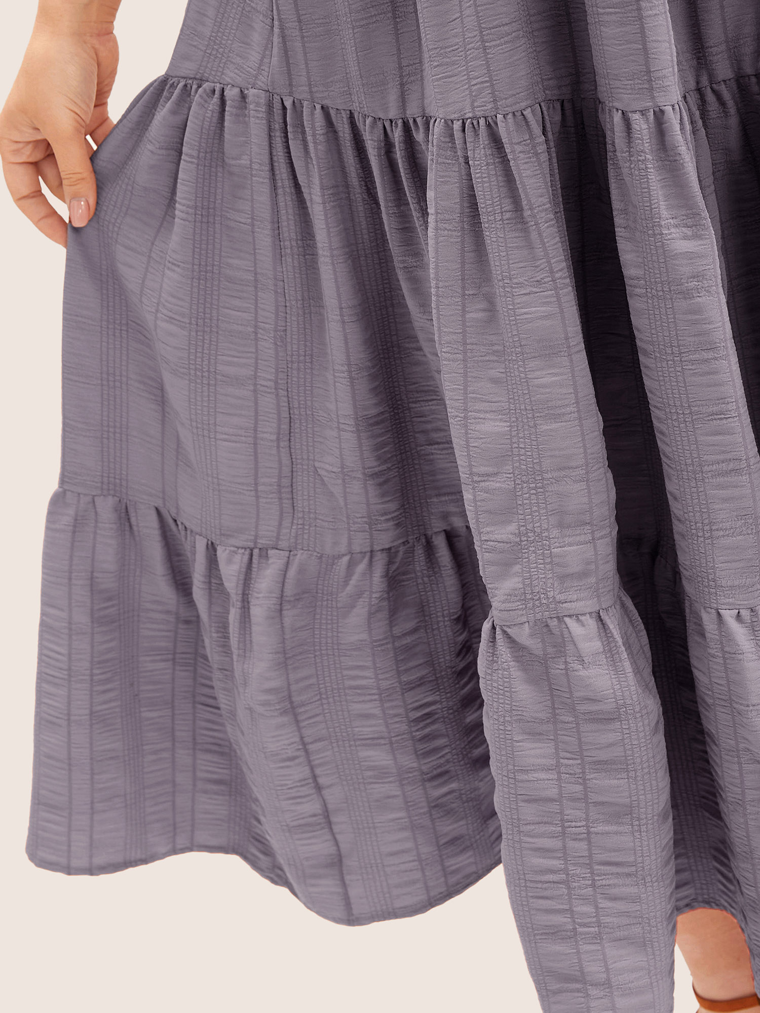 

Plus Size Plain Ruched Drawstring Pocket Ruffle Tiered Dress Lilac Women Non Curvy Midi Dress BloomChic