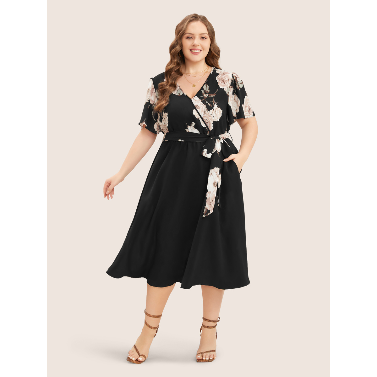 

Floral Belt Ties Plus Size Women Workwear Dress Elegance Ruffle Sleeve Short Sleeve V Neck Pocket Belt Dailywear Midi Dress BloomChic, Black