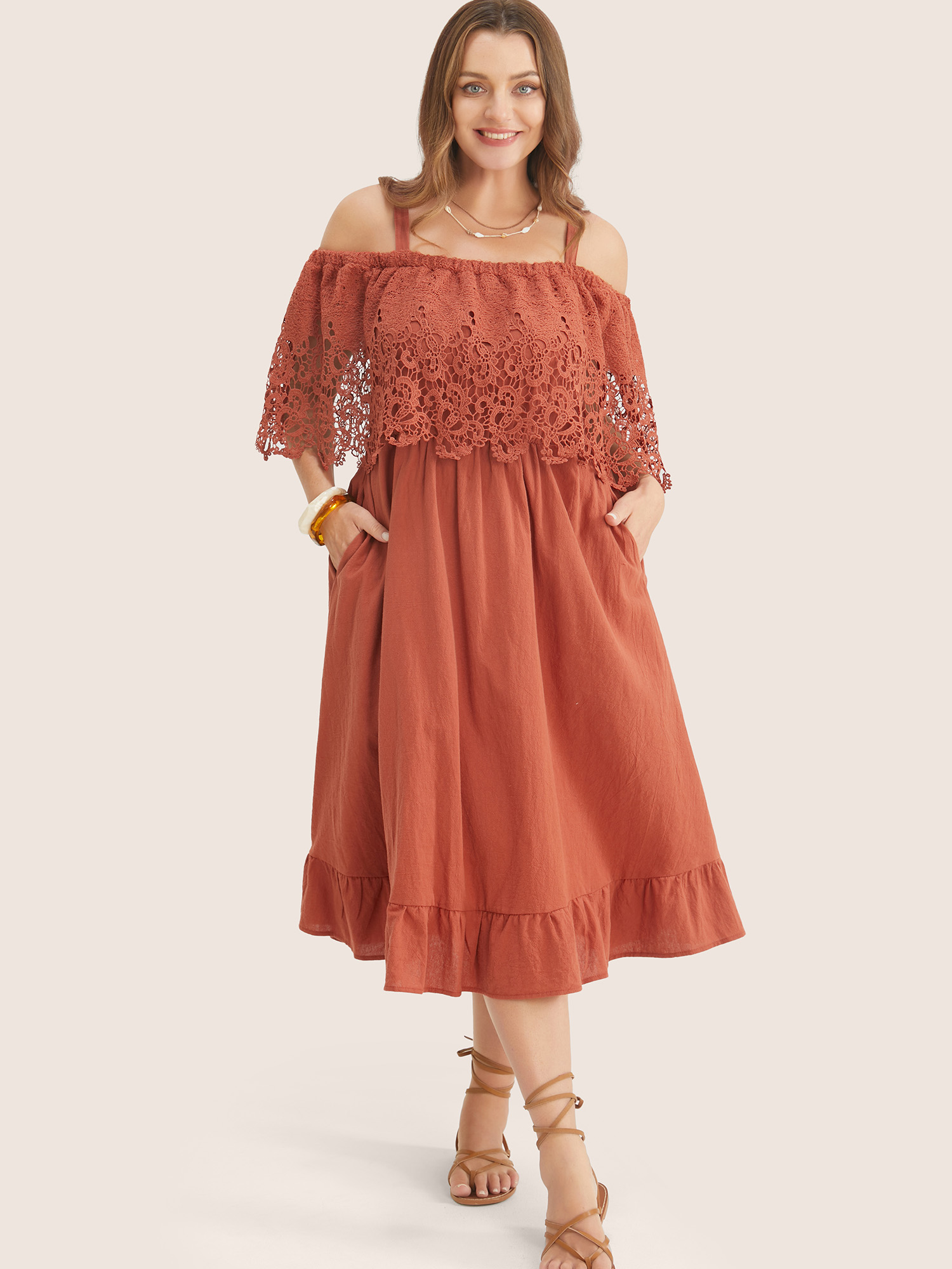 

Plus Size Solid Cold Shoulder Contrast Lace Pocket Ruffle Hem Dress Chocolate Women Resort Broderie anglaise Non Short sleeve Curvy Midi Dress BloomChic